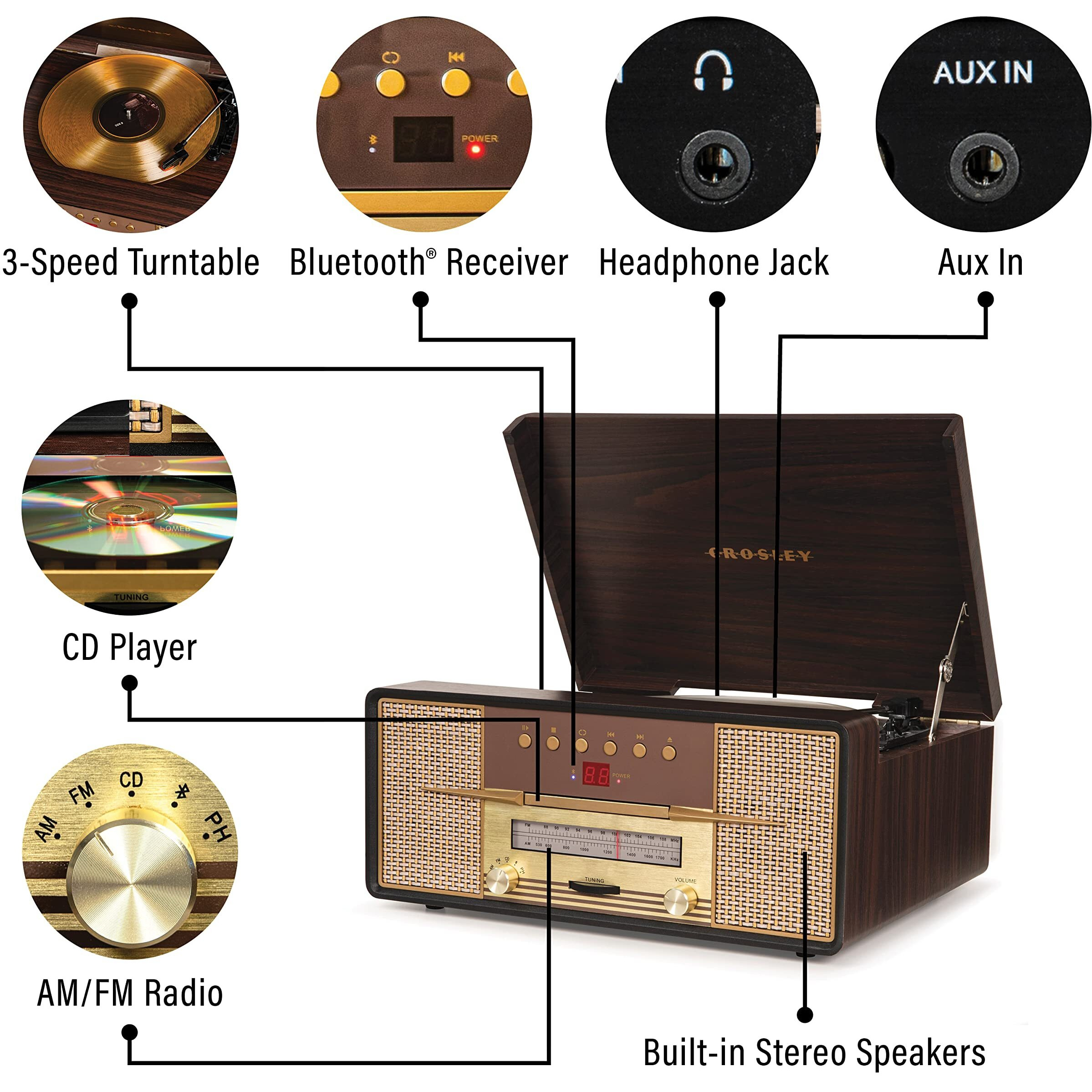 Crosley Cr7016A-Ma Rhapsody 3-Speed Turntable With Bluetooth  Am/Fm Radio  Cd Player  And Aux-In  Mahogany