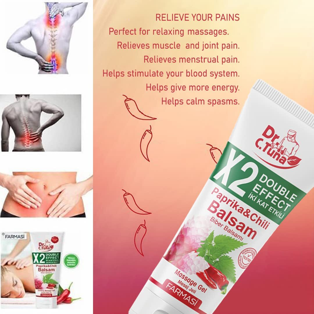 Farmasi Paprika & Chili Balsam 2X Double Effect - Soothing Massage Gel  250Ml/8.45 Floz - Relieves Muscle Tension And Provides Warming Sensation - Ideal For Relaxation And Recovery