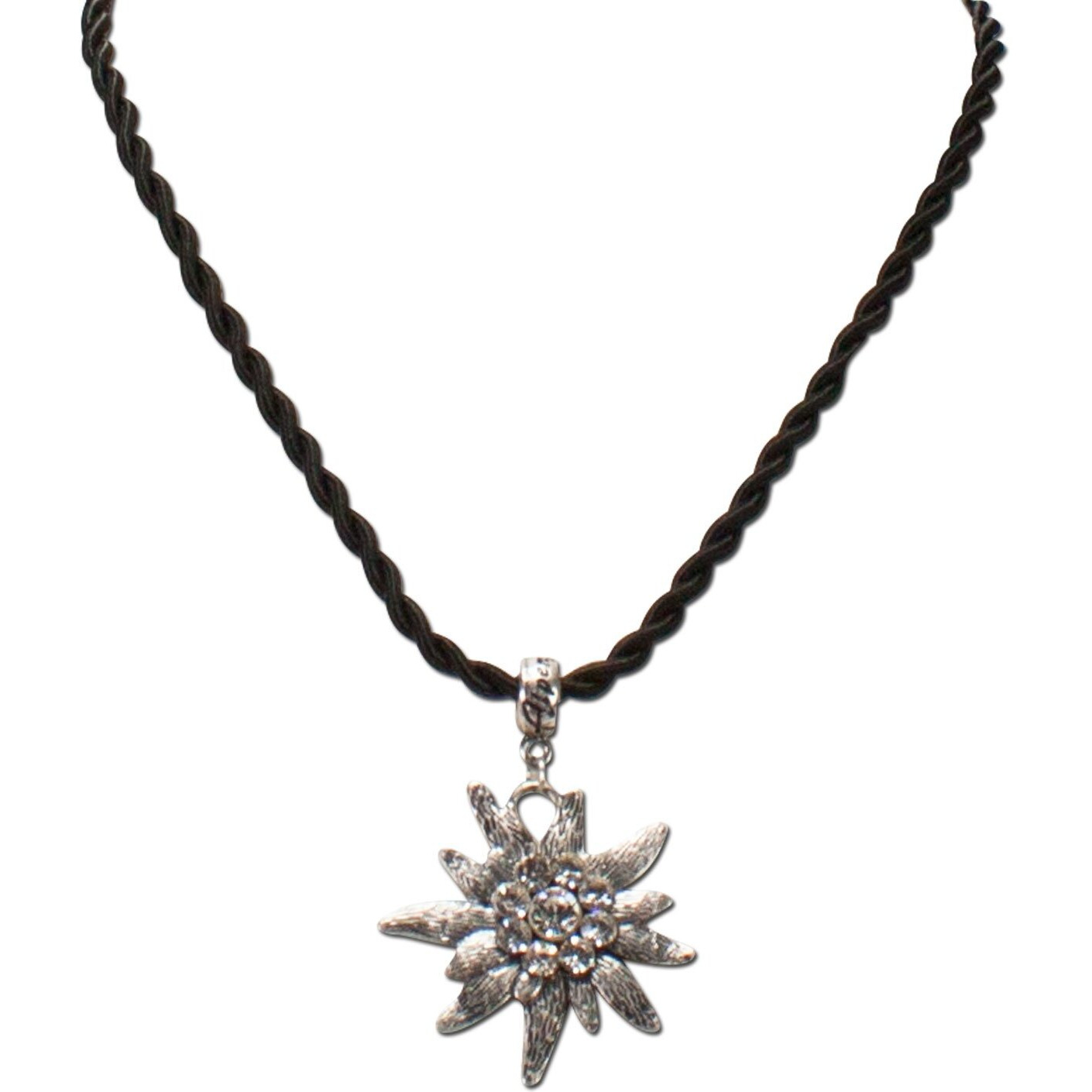 Alpenflstern Bavarian Drawstring Cord Necklace With Rhinestone Edelweiss  Ladies Costume Jewelry  Traditional German Pendant Necklace For Dirndl  Leather Trouser  Oktoberfest (Black)
