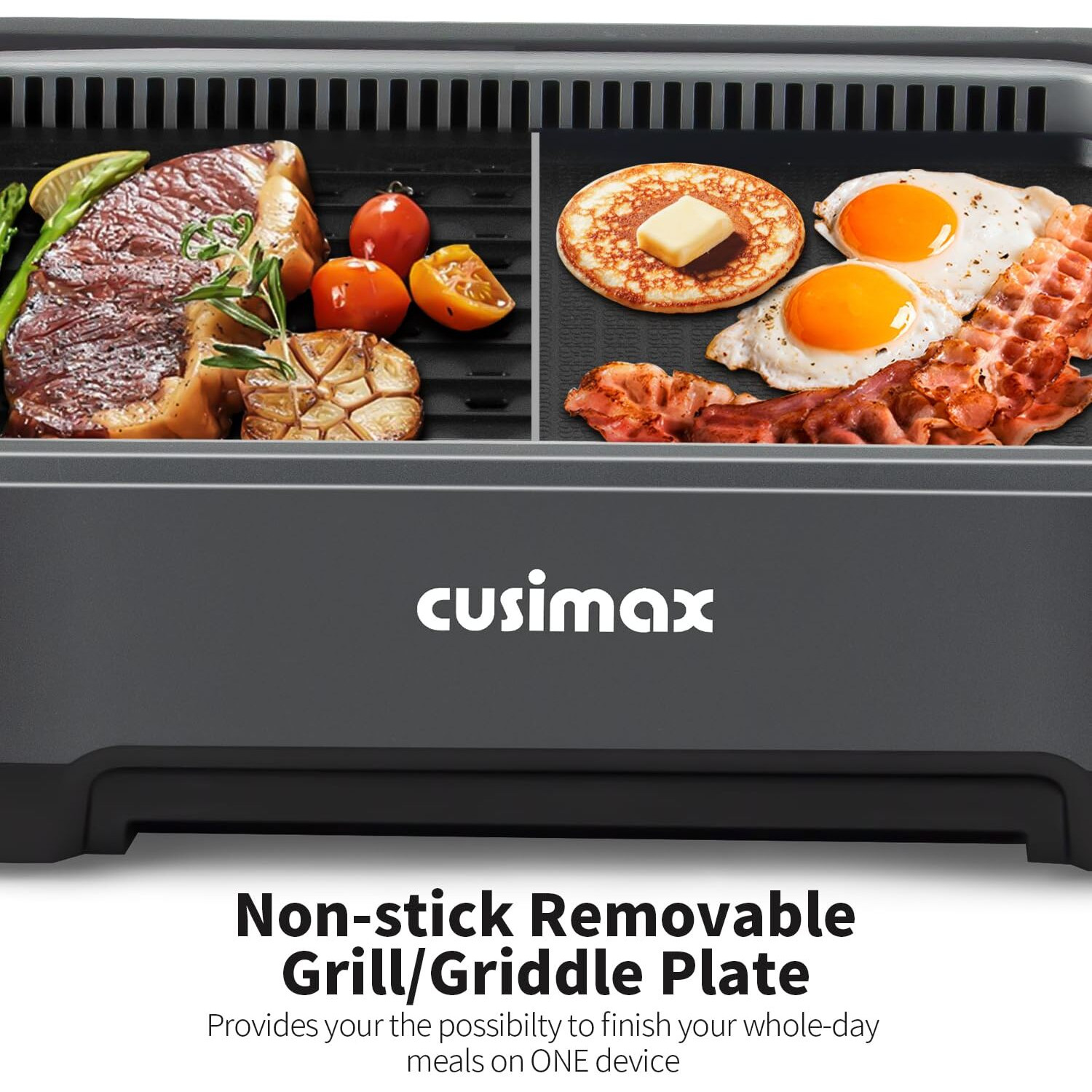 Cusimax Smokeless Grill  Electric Indoor Grill  1500W Korean Bbq Grill With Non-Stick Removable Grill/Griddle Plate  Led Smart Display & Tempered Glass Lid  Grey