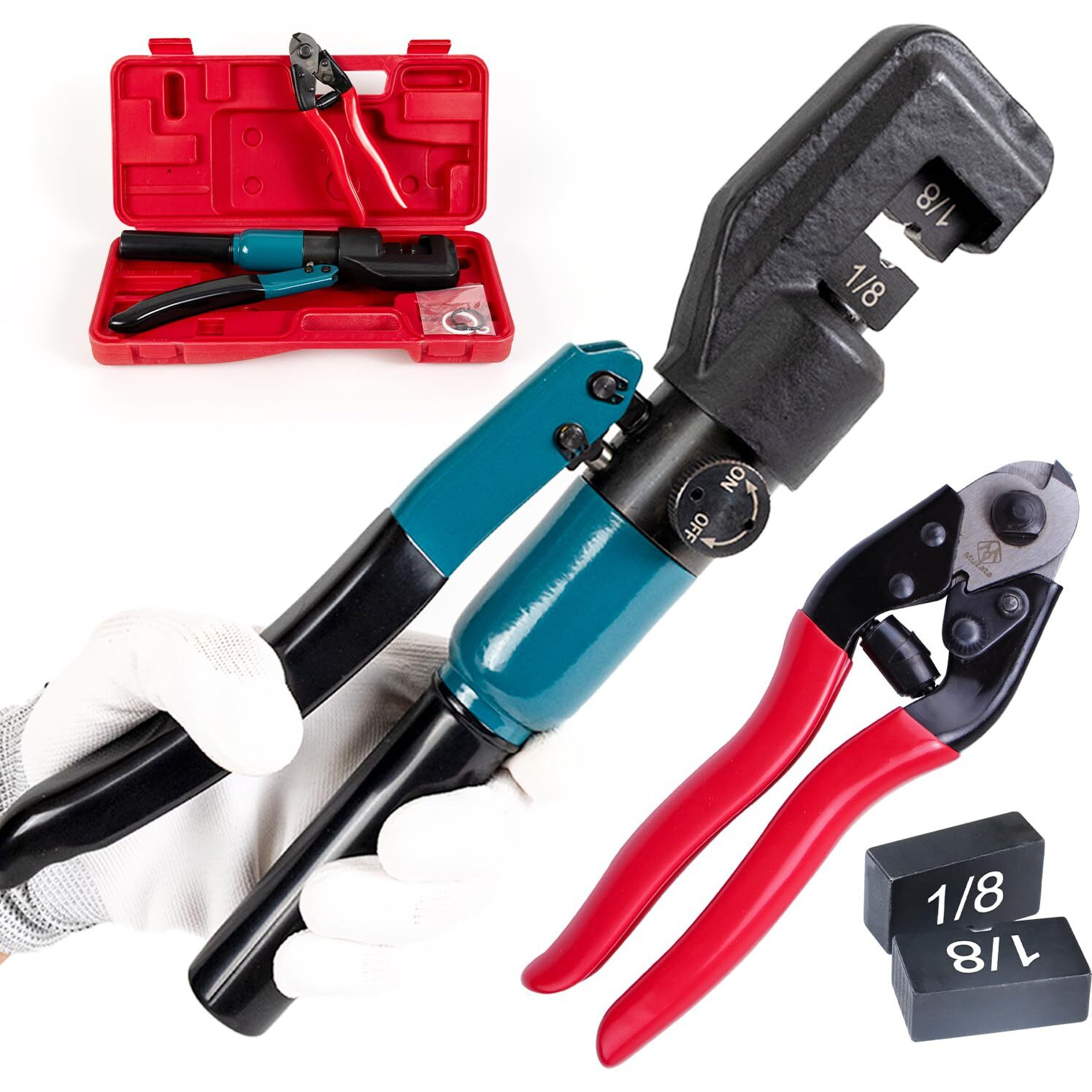 Muzata Custom Cable Railing Crimping Tool Hydraulic Crimper Hydraulic Crimping Tool For 1/8"" Stainless Steel Cable Railing Kit Wire Rope Swaging Kit With Wire Cutter And Spare Dies Cr09 Ck12