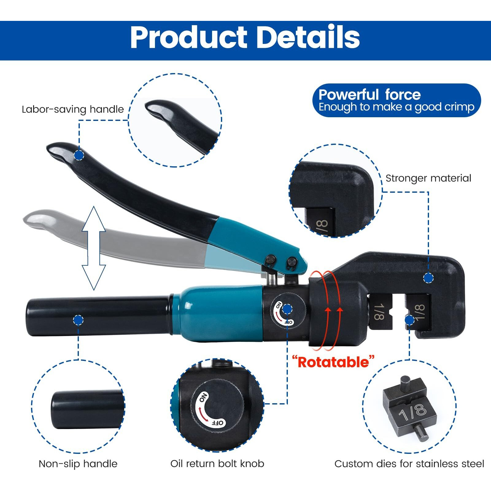 Muzata Custom Cable Railing Crimping Tool Hydraulic Crimper Hydraulic Crimping Tool For 1/8"" Stainless Steel Cable Railing Kit Wire Rope Swaging Kit With Wire Cutter And Spare Dies Cr09 Ck12