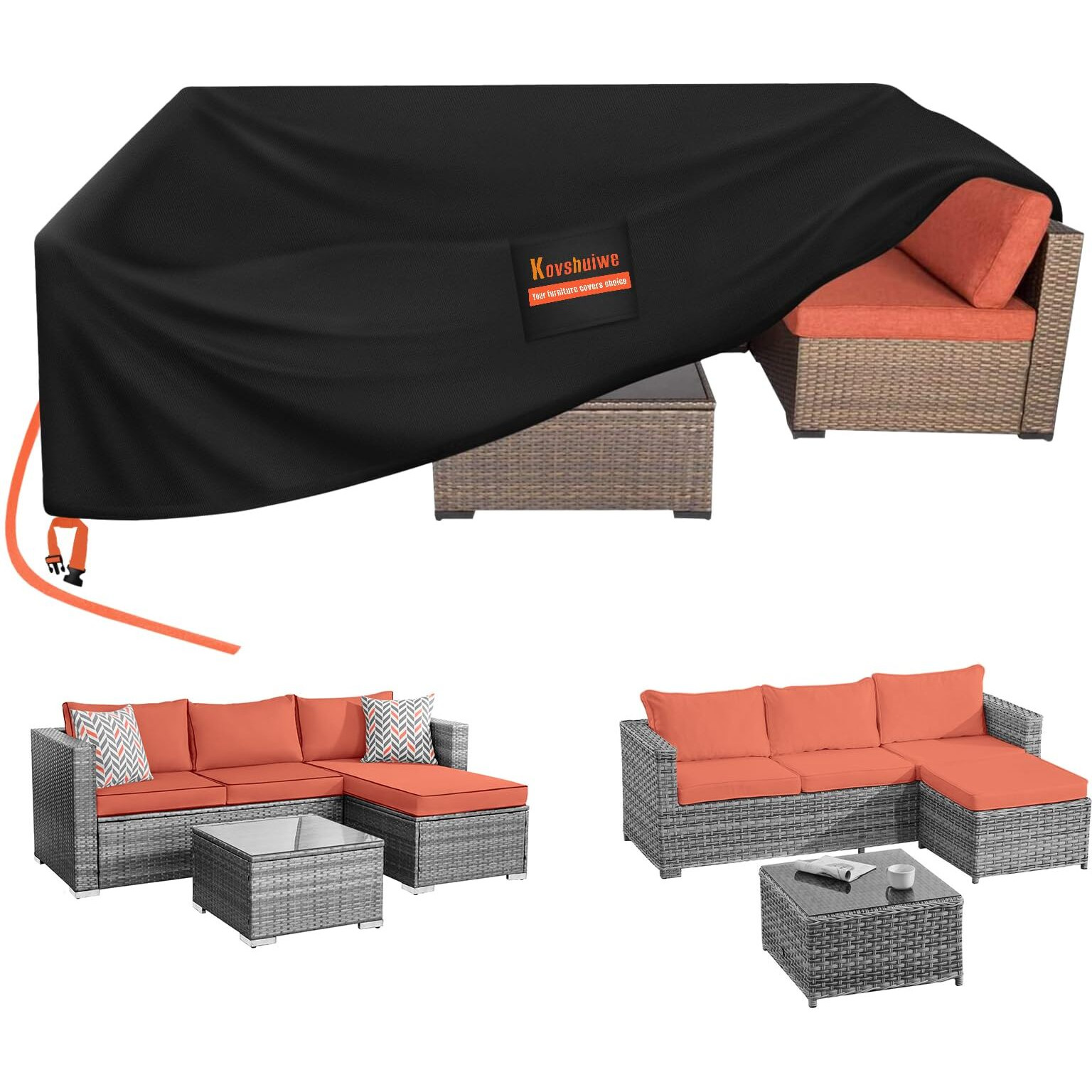 Kovshuiwe 124"" Lx71 Wx28 H Patio Furniture Covers  Outdoor Furniture Covers Waterproof  Tear-Resistant Patio Table And Chair Set Cover With Fastener Windproof Buckle Straps  Heavy Duty  600D Oxford