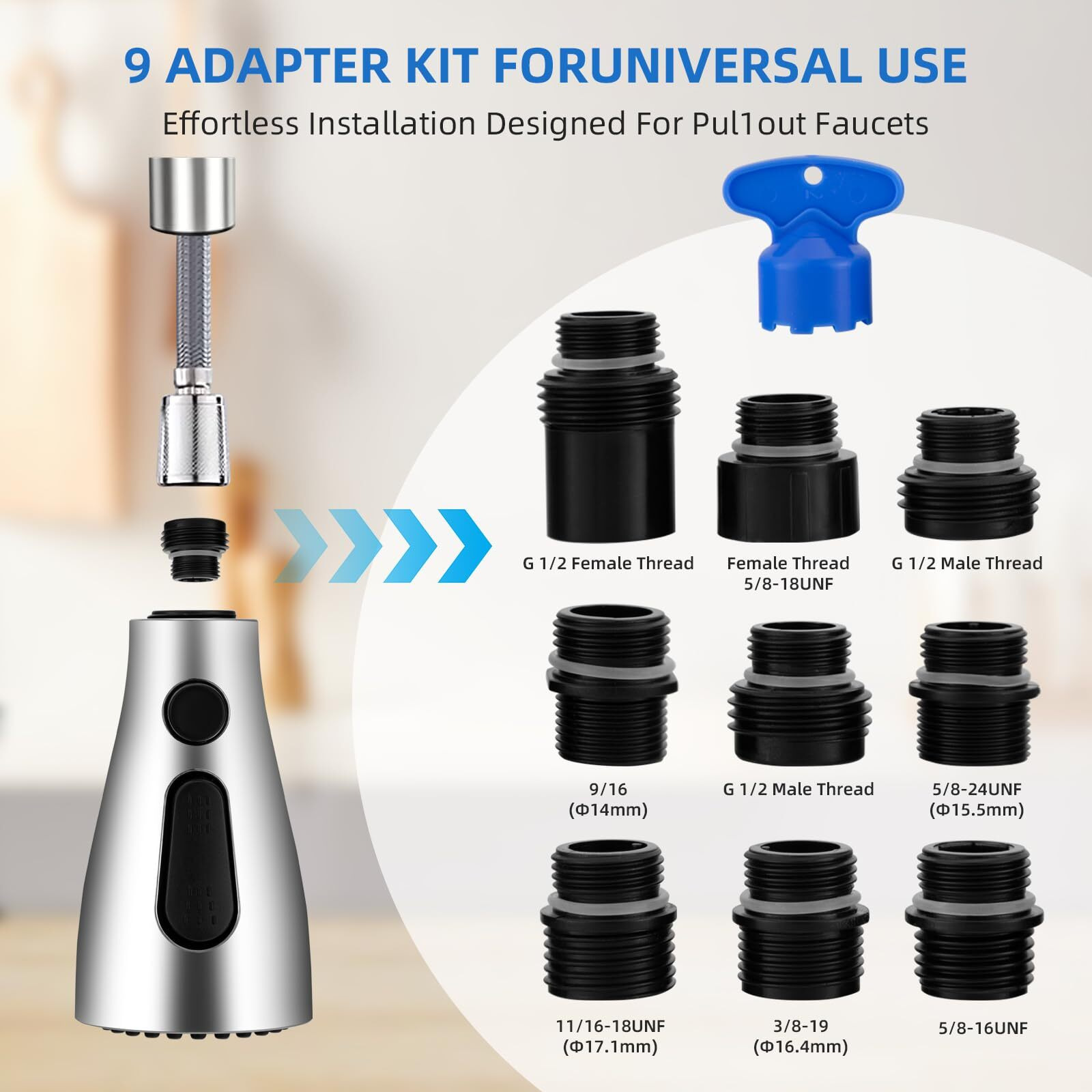 Kitchen Faucet Sprayer Head Nozzle 3 Function Modes Pull Down Kitchen Sink Faucet Spray Head 9 Adapters Faucet Head Replacement Part Compatible Aerator Detachable Black