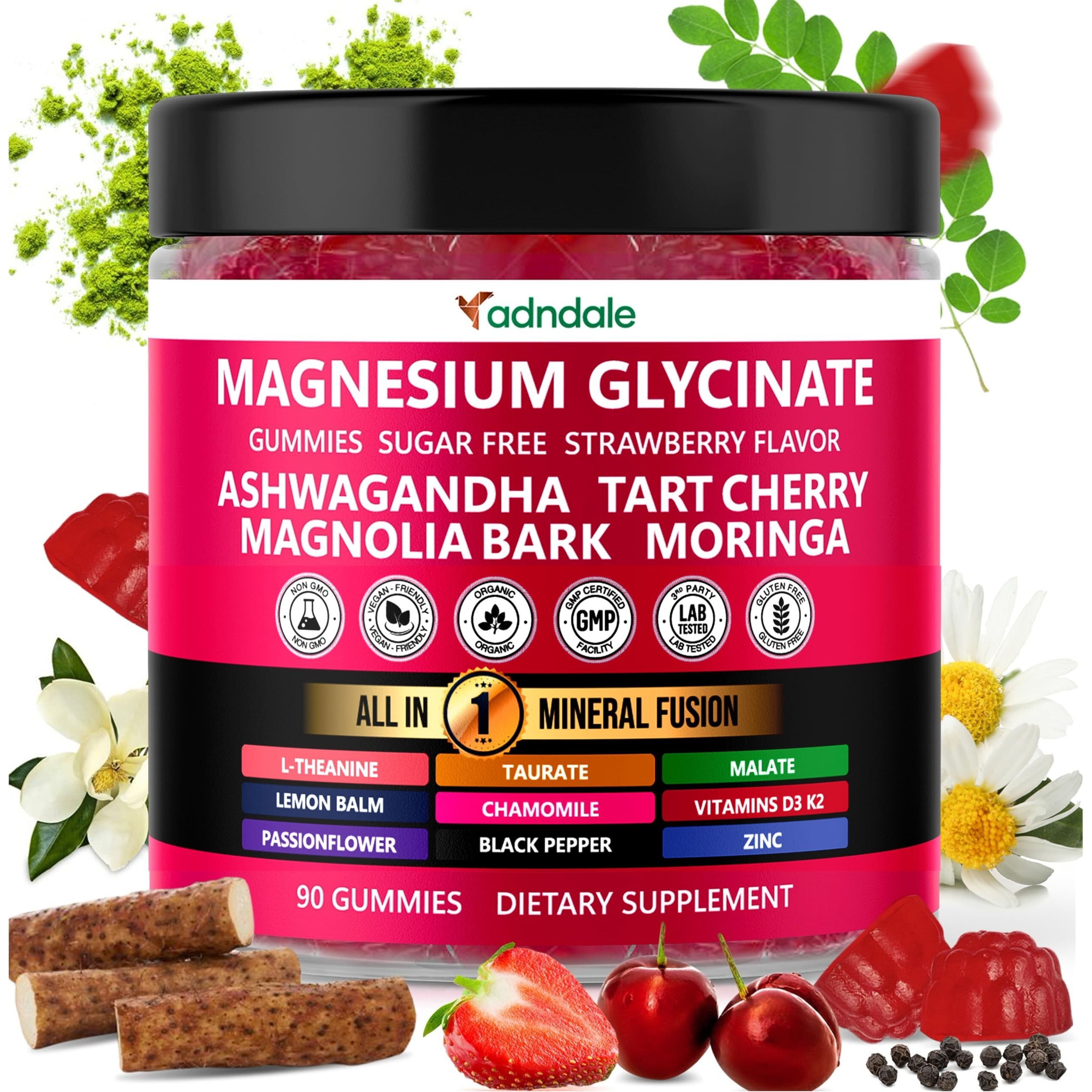 Adndale 90Ct 15-In-1 Magnesium Glycinate Gummies 400 Mg/Serv- With Magnesium Malate  Ashwagandha  Tart Cherry  Magnolia Bark  Lemon Balm  Passionflower  Chamomile  L-Theanine  Zinc  Vitamin K2 & D3