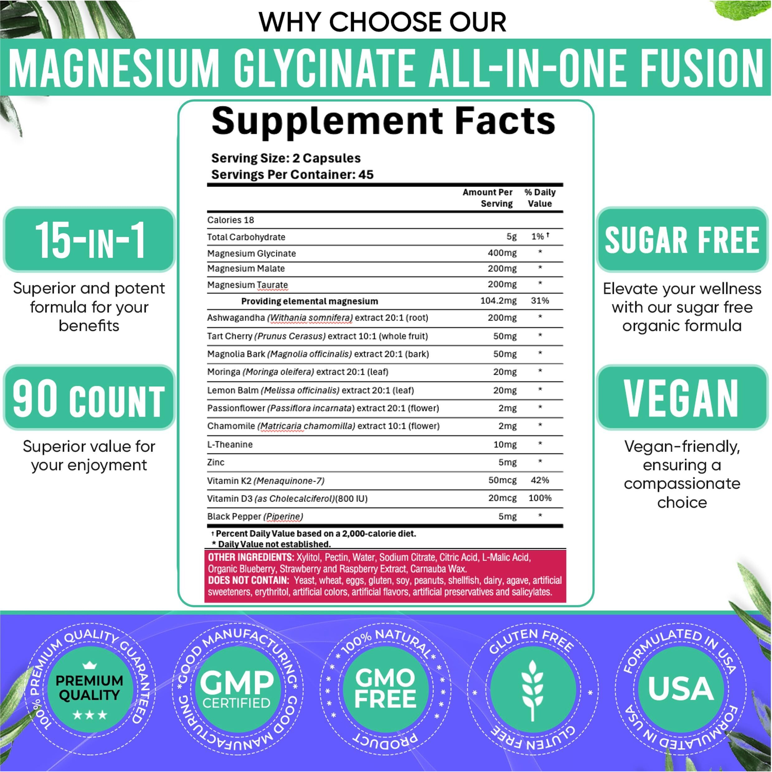 Adndale 90Ct 15-In-1 Magnesium Glycinate Gummies 400 Mg/Serv- With Magnesium Malate  Ashwagandha  Tart Cherry  Magnolia Bark  Lemon Balm  Passionflower  Chamomile  L-Theanine  Zinc  Vitamin K2 & D3