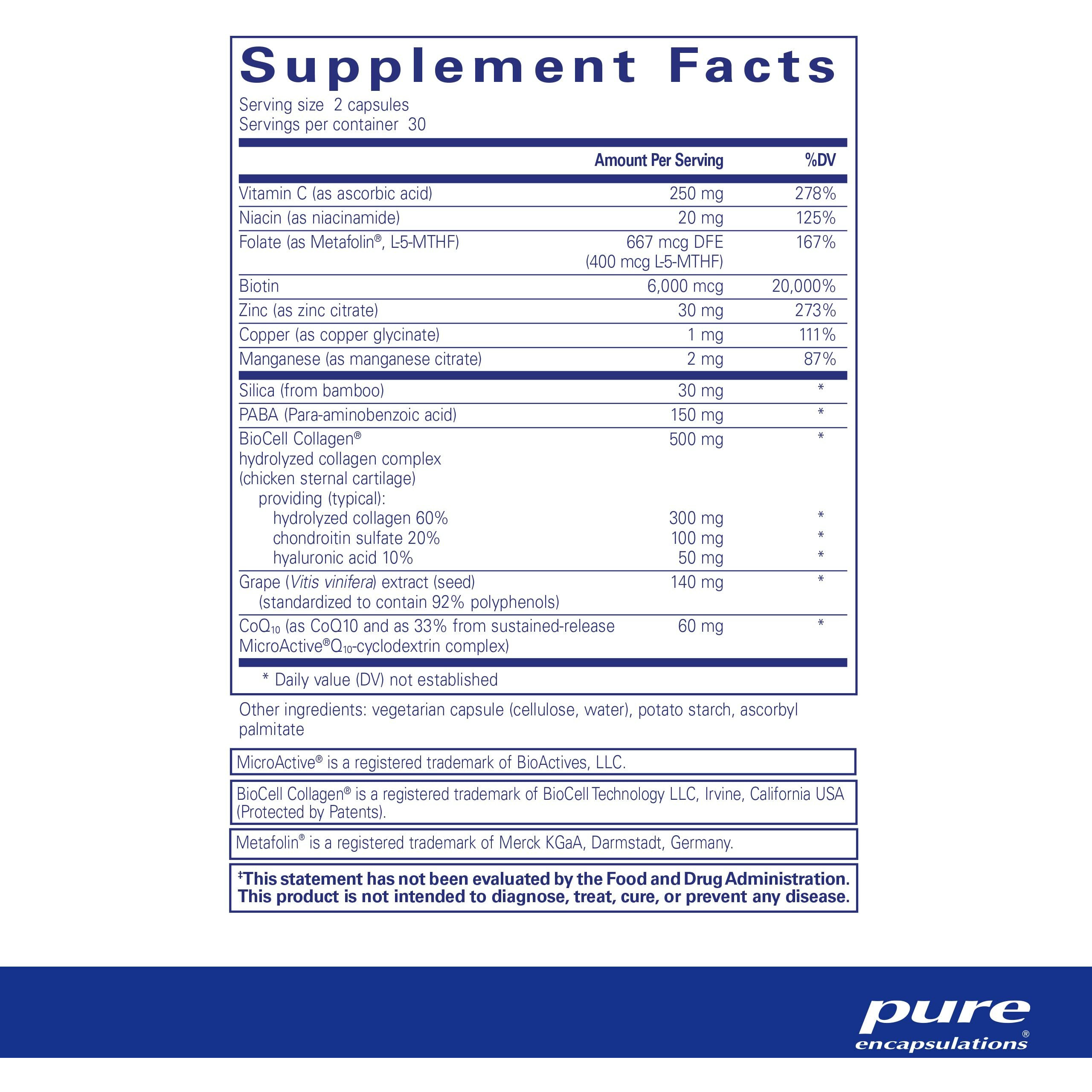 Pure Encapsulations Hair/Skin/Nails Ultra - Supplement For Collagen  Anti Aging  Keratin  Antioxidants  Skin Hydration  Hair  And Nails* - With Biotin  Vitamin C  And More - 60 Capsules