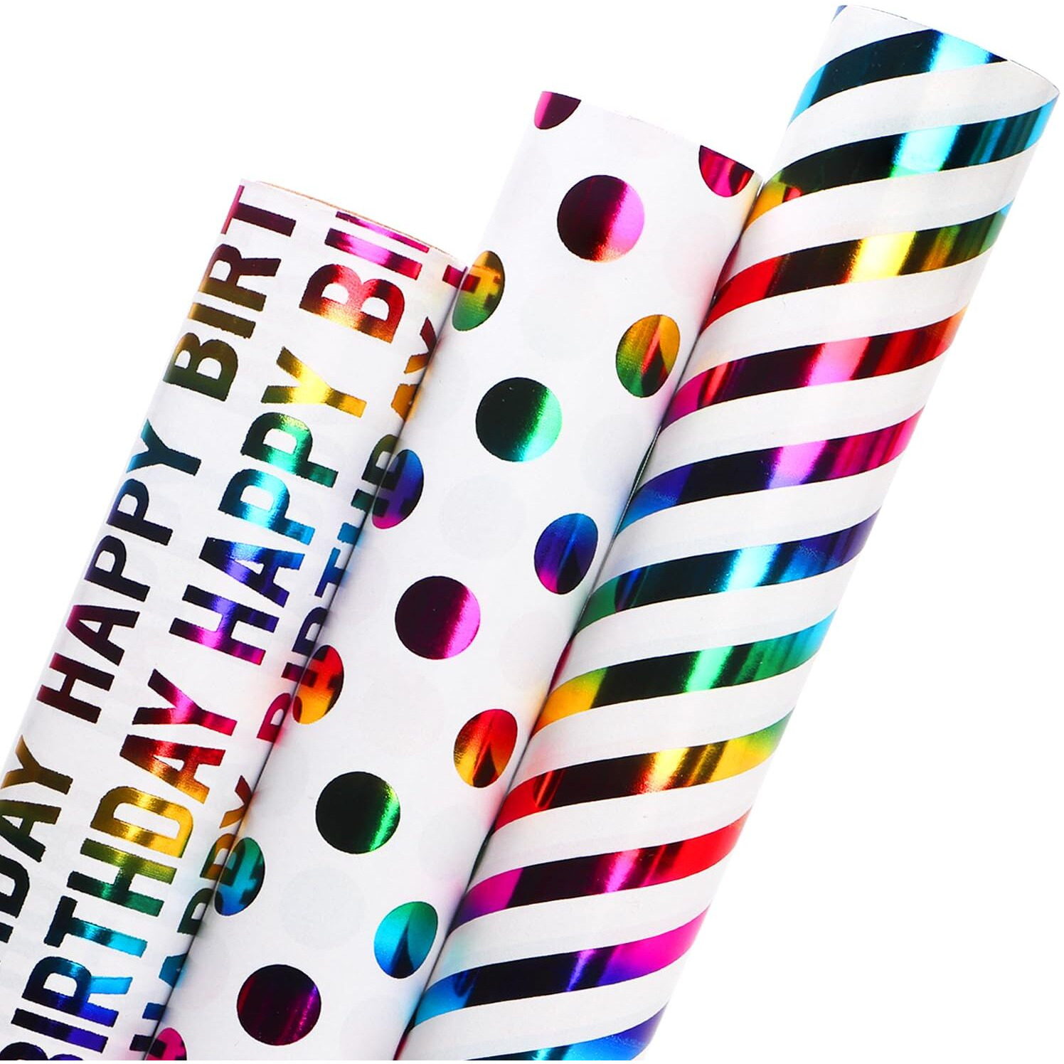 Ribbli Birthday Wrapping Paper Iridescent Gift Wrapping Paper Mini Roll  3 Rolls Happy Birthday Polka Dots Stripes Printed Assortment - 17 Inch X 120 Inch(10Feet) Per Roll