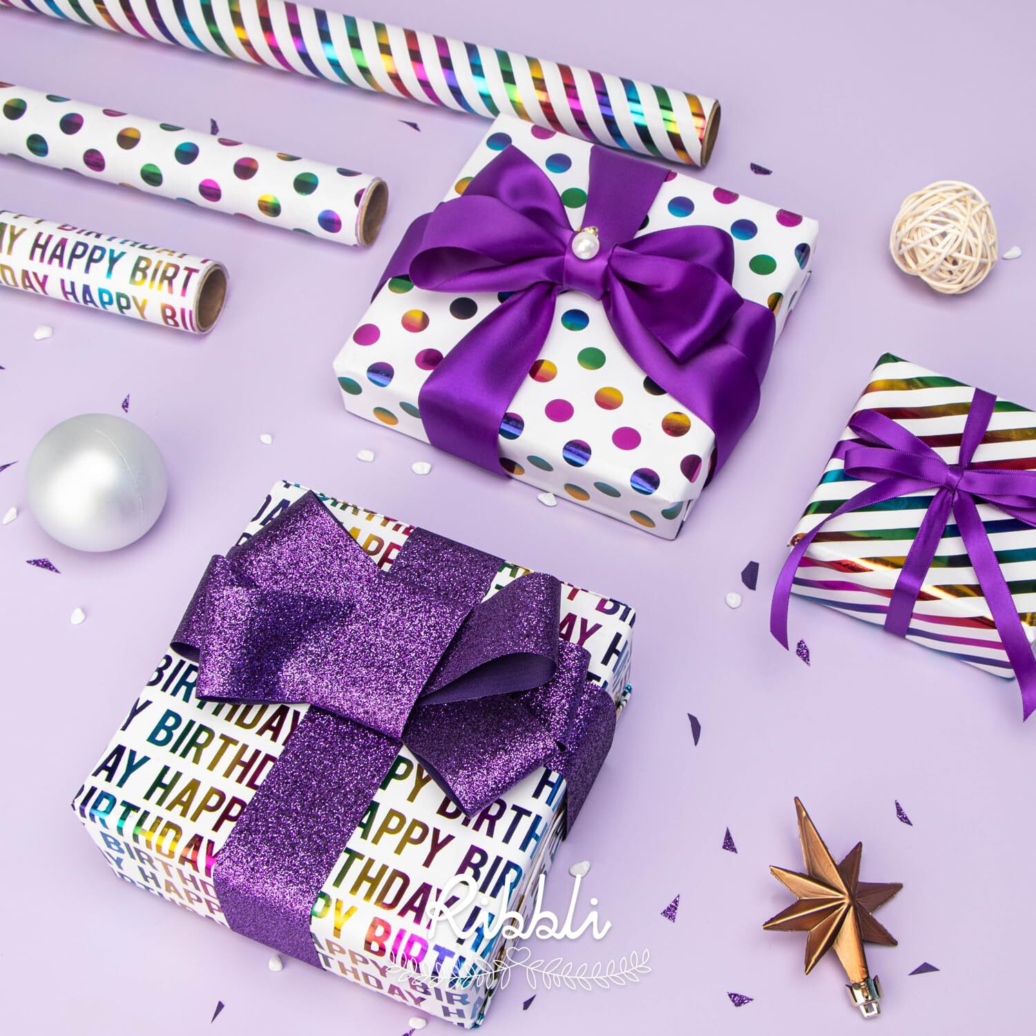 Ribbli Birthday Wrapping Paper Iridescent Gift Wrapping Paper Mini Roll  3 Rolls Happy Birthday Polka Dots Stripes Printed Assortment - 17 Inch X 120 Inch(10Feet) Per Roll