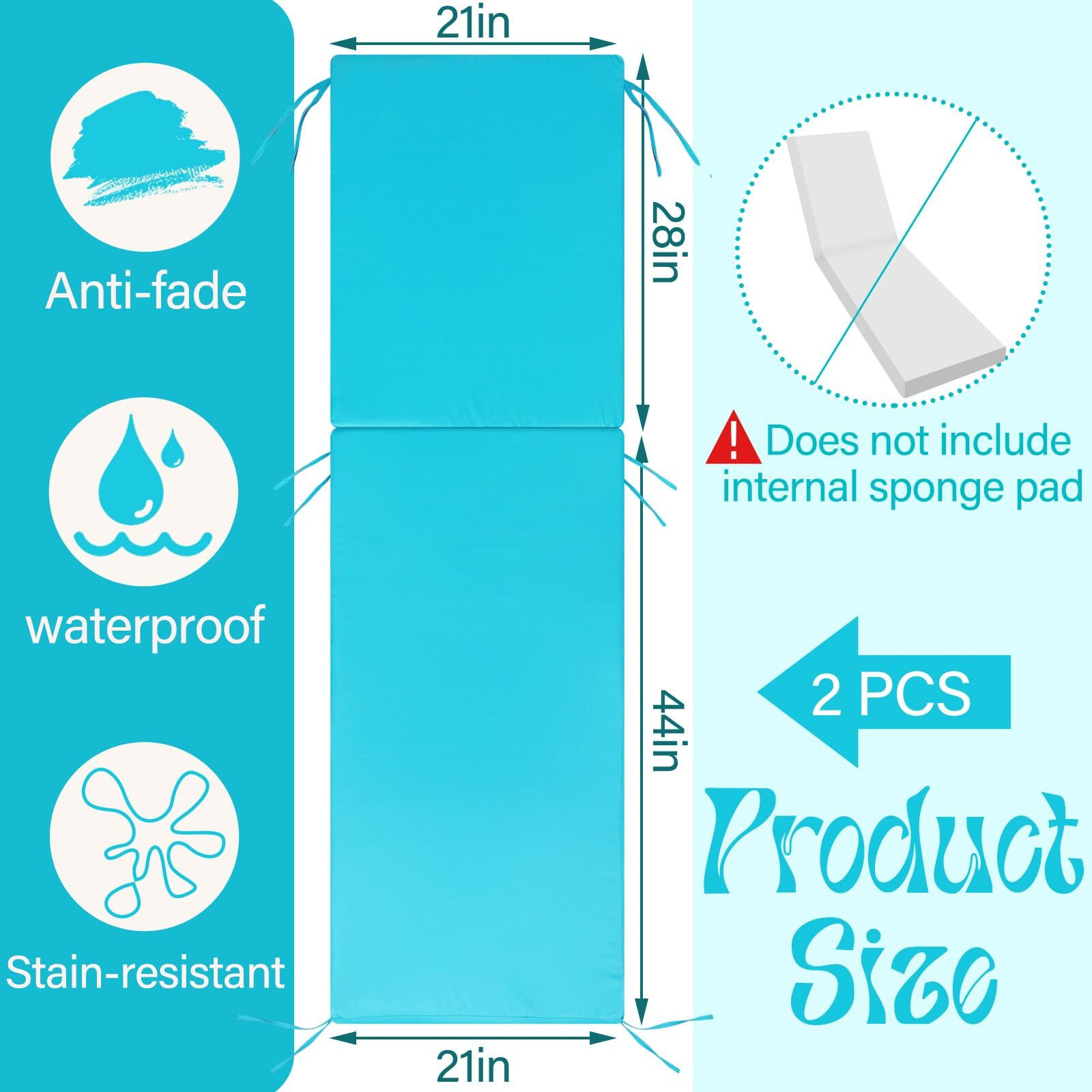 Fuweave 2 Pcs Waterproof Chaise Lounge Cushion Cover Outdoor (Not Includes Cushion) 72 X 21 X 3 Inch Chair Replacement Cover Chaise Slipcover With Zipper Ties For Patio Pool (Lake Blue)