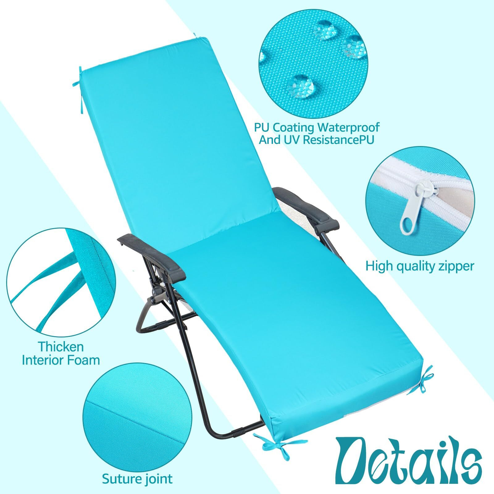 Fuweave 2 Pcs Waterproof Chaise Lounge Cushion Cover Outdoor (Not Includes Cushion) 72 X 21 X 3 Inch Chair Replacement Cover Chaise Slipcover With Zipper Ties For Patio Pool (Lake Blue)