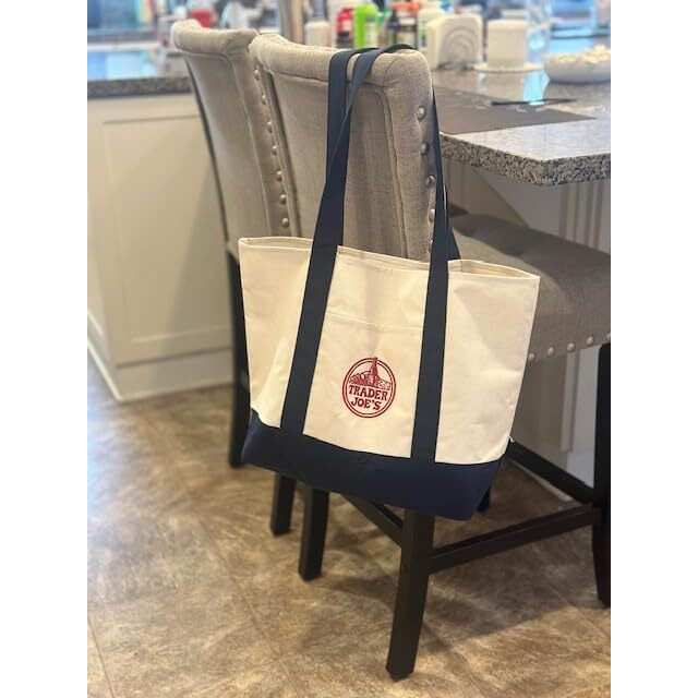 Exzma Trader Joes Large Tote Shopping Bag Cotton Canvas Embroidered Bag (1)  Navy Blue