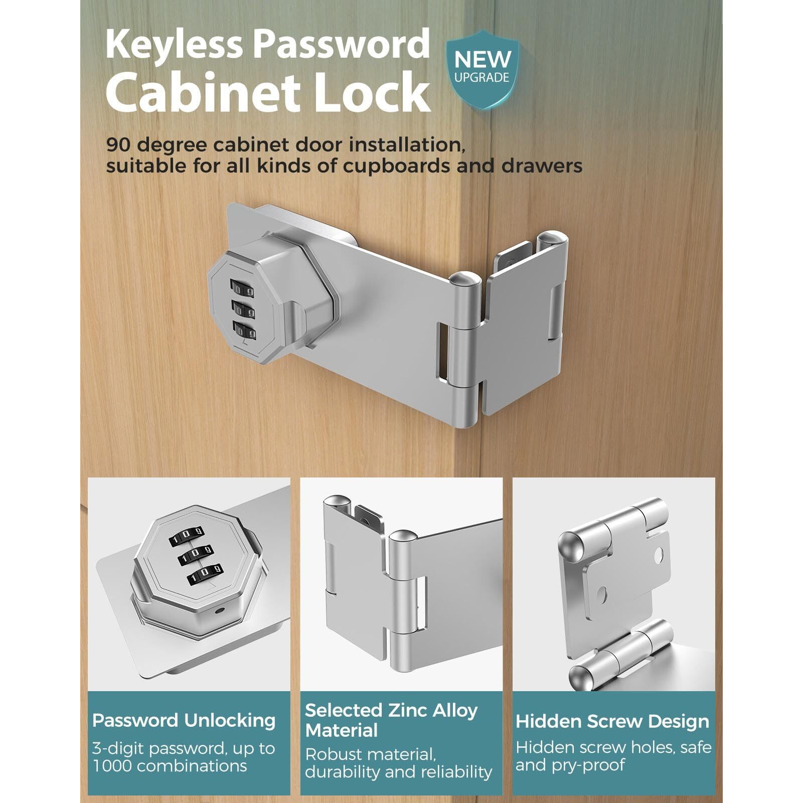 Mebantoo 90 Degree Cabinet Combination Door Lock Latch  Zinc Alloy Password Rotary Hasp Lock  Keyless Folding Latches For Office File Cabinet  Drawers  Cupboard  Small Doors  Locker (2  Silver)