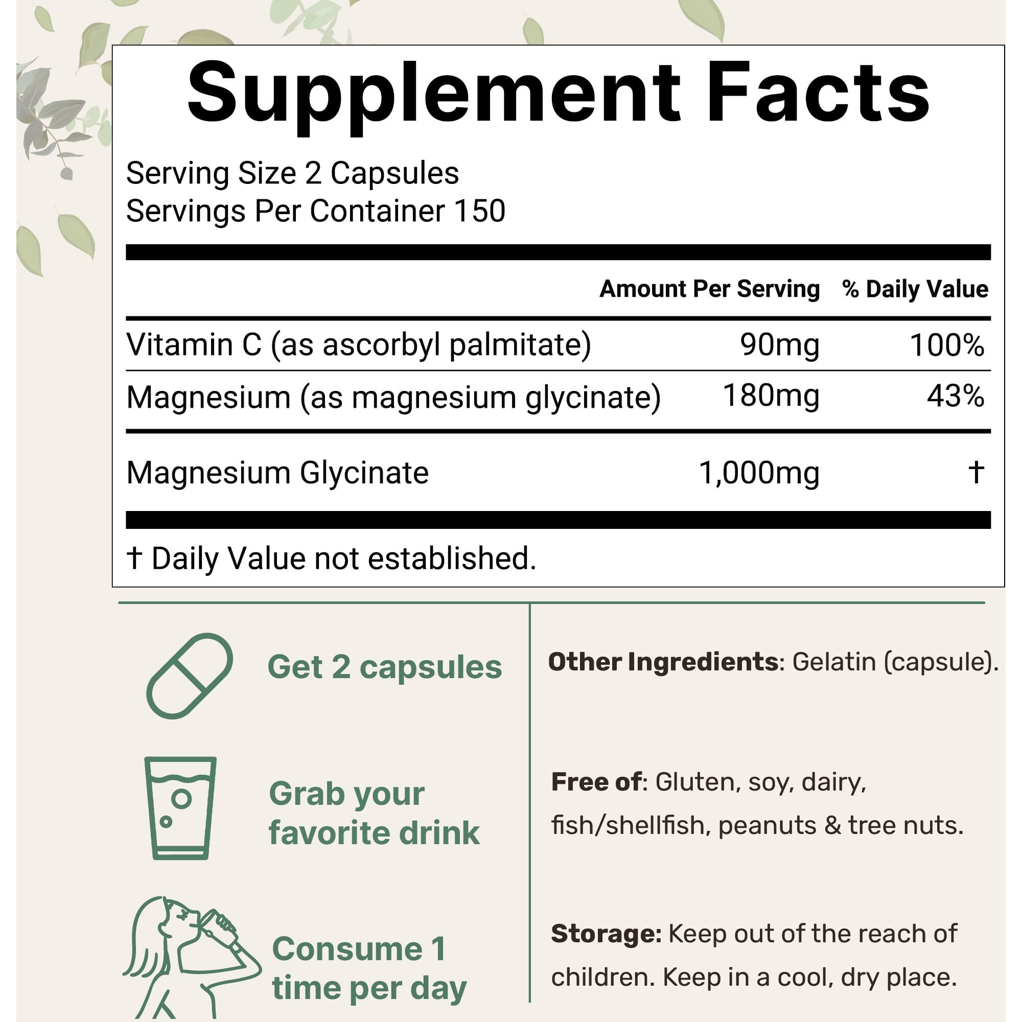 Pure Magnesium Glycinate 1 000Mg Per Serving  300 Capsules | Enhanced With Vitamin C | Only Uses Active Ingredients | Filler Free Supplement | 100% Chelated For Max Absorption