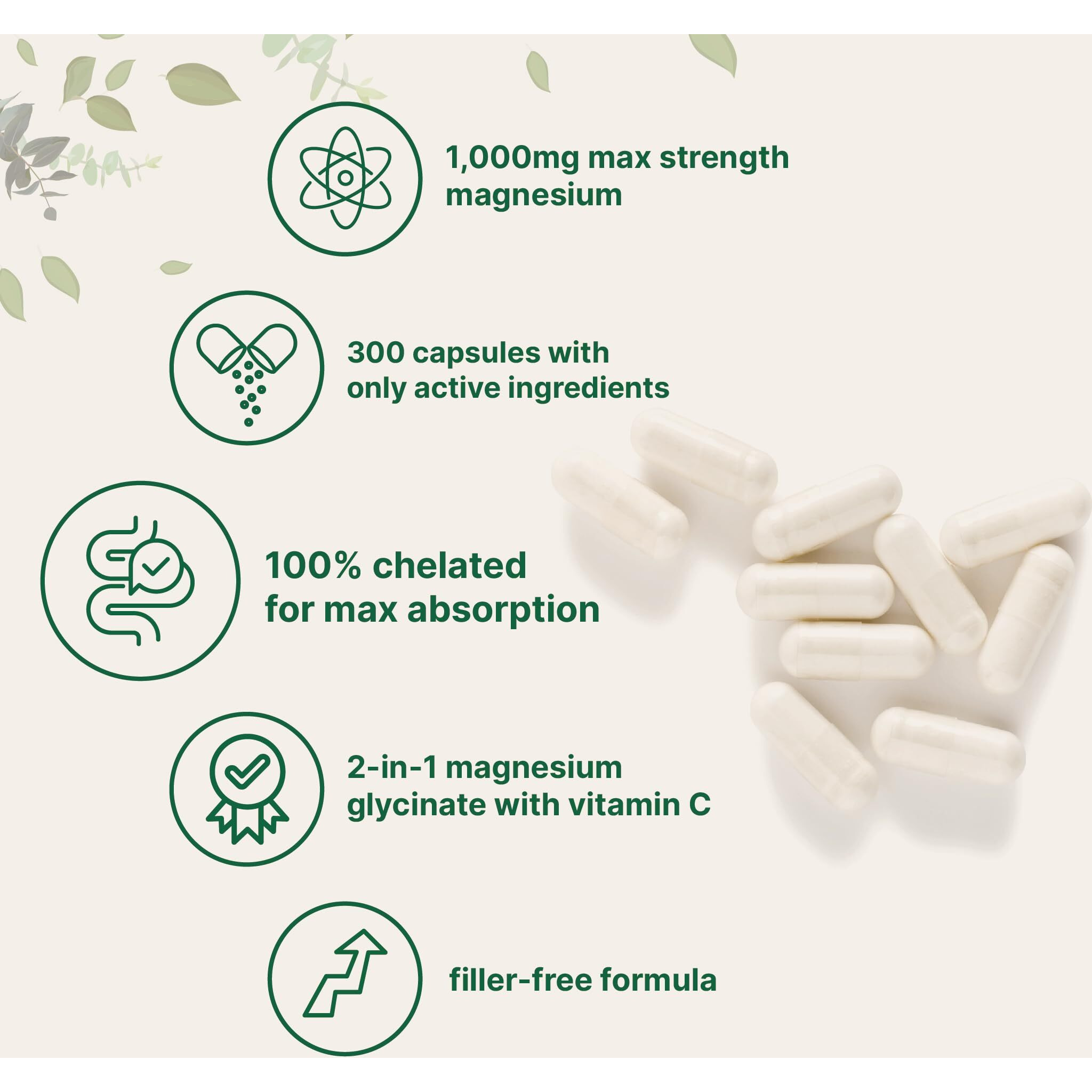 Pure Magnesium Glycinate 1 000Mg Per Serving  300 Capsules | Enhanced With Vitamin C | Only Uses Active Ingredients | Filler Free Supplement | 100% Chelated For Max Absorption