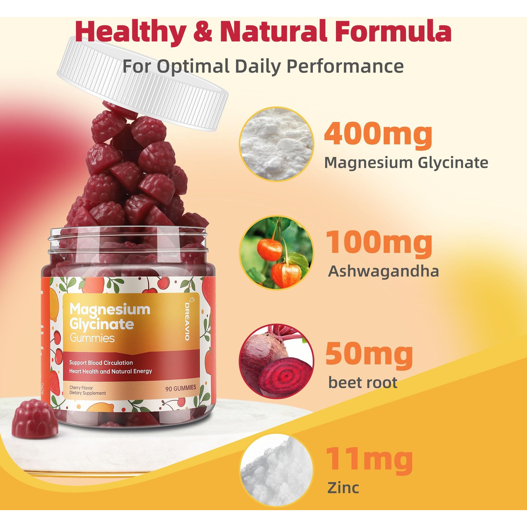 Dreavio 90 Count Magnesium Glycinate Gummies 400Mg W/Ashwagandha Supplement - Sugar Free Zinc Magnesium Glycinate Supplement Ashwagandha Gummies For Adults