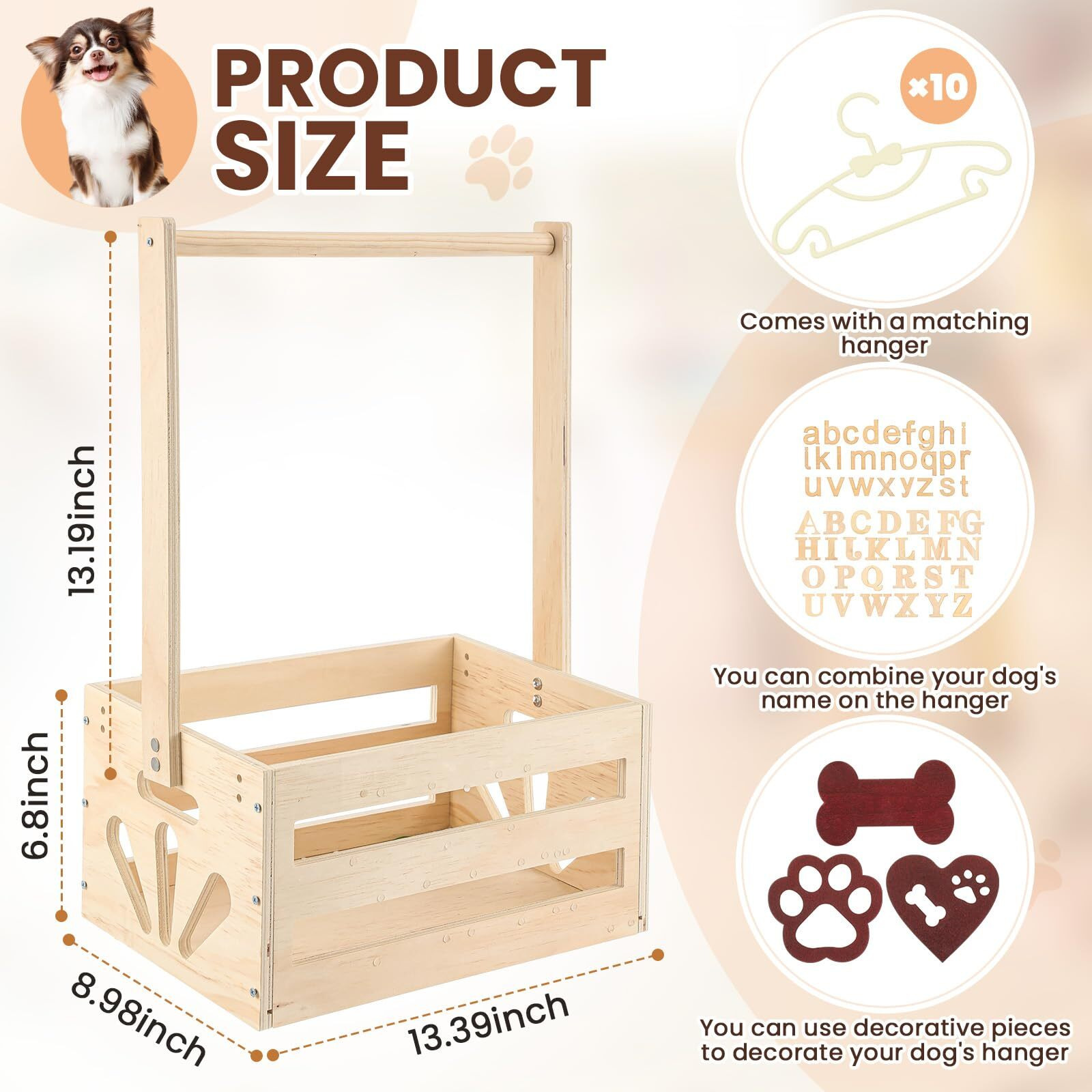 Teenyyou 20"" X 13"" X 9"" Wooden Pet Wardrobe Closet Crate Box With Hanging Rods And Personalized Pet Alphabet Letters Easy Assembly Baskets For Dog Cat Toys Clothes Accessories(Wood)