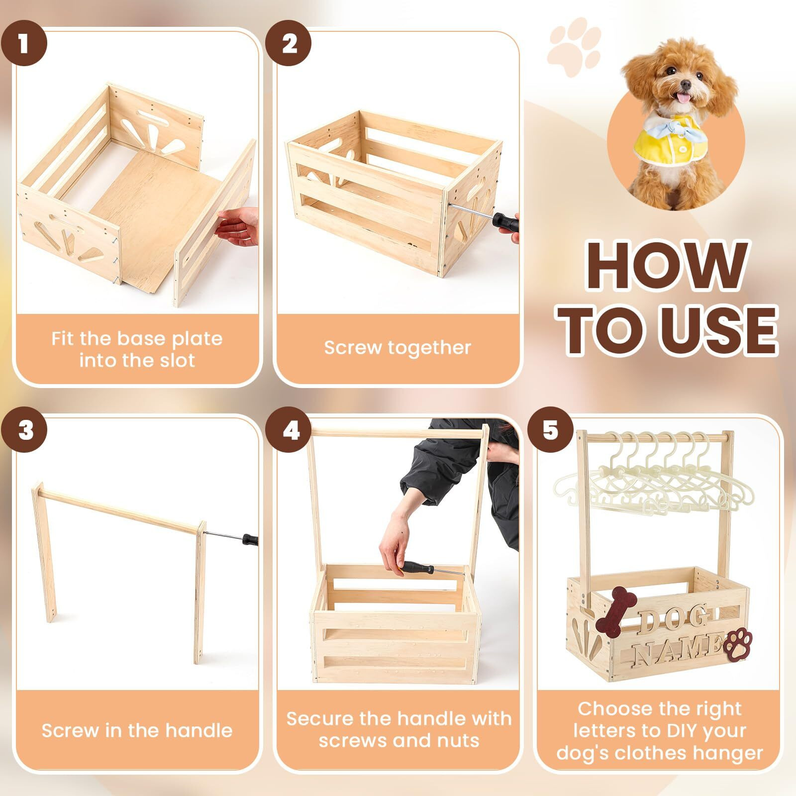 Teenyyou 20"" X 13"" X 9"" Wooden Pet Wardrobe Closet Crate Box With Hanging Rods And Personalized Pet Alphabet Letters Easy Assembly Baskets For Dog Cat Toys Clothes Accessories(Wood)