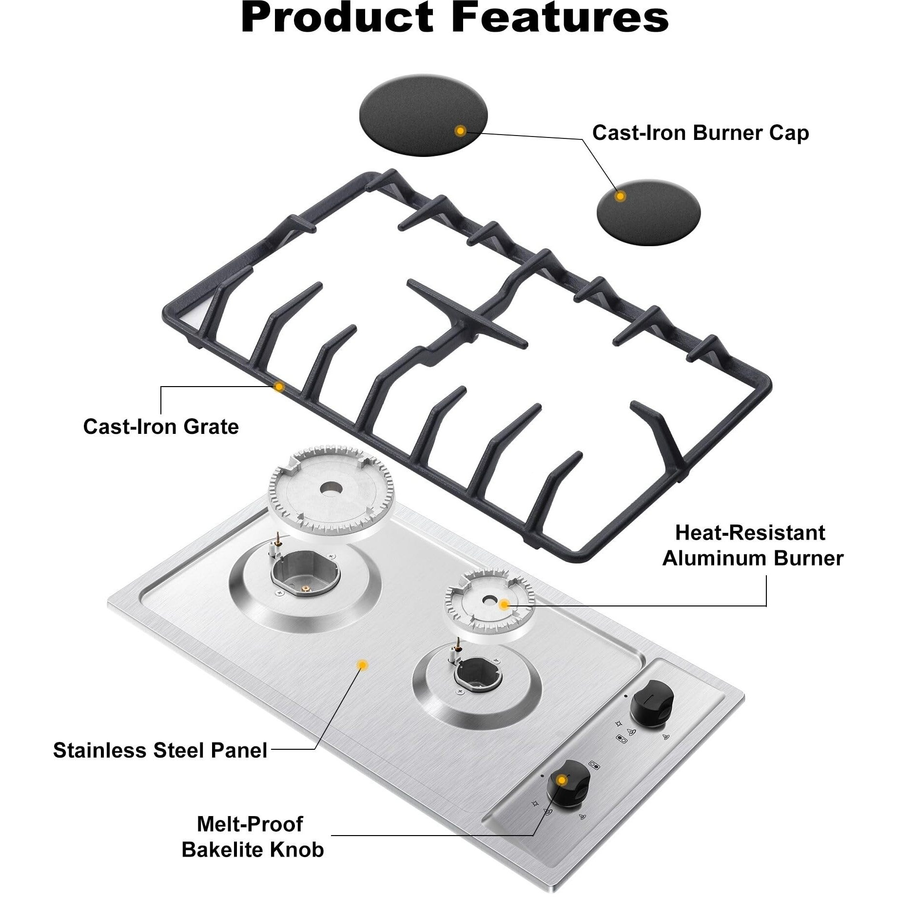 Eascookchef 2-Burner Gas Cooktop With Thermocouple Protection - Ng/Lpg Convertible 12"" Stainless Steel Built-In Gas Stove Top For Rv  Kitchen & Camping