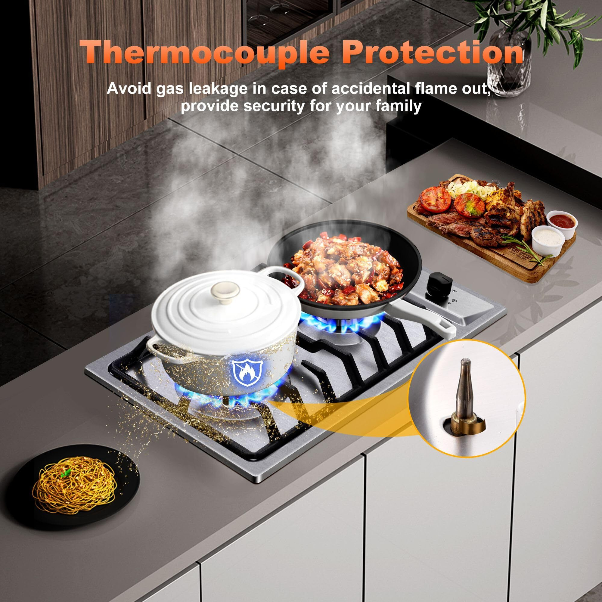 Eascookchef 2-Burner Gas Cooktop With Thermocouple Protection - Ng/Lpg Convertible 12"" Stainless Steel Built-In Gas Stove Top For Rv  Kitchen & Camping