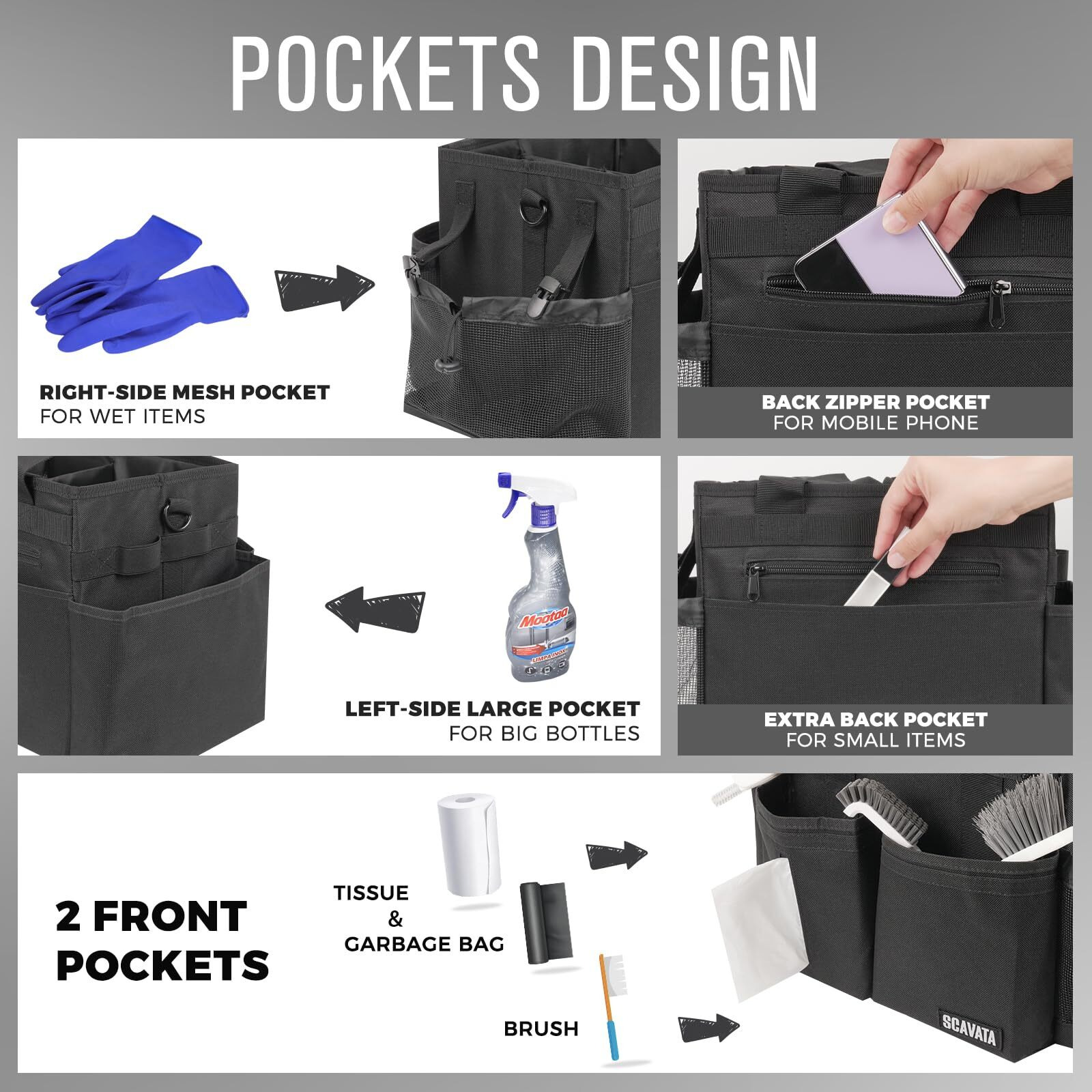 Scavata Compact Wearable Cleaning Caddy  Small Supplies Organizer With Handle & Shoulder Straps For Housekeepers  Under Sink & Car Cleaning Tool Organizer Bag (Black)