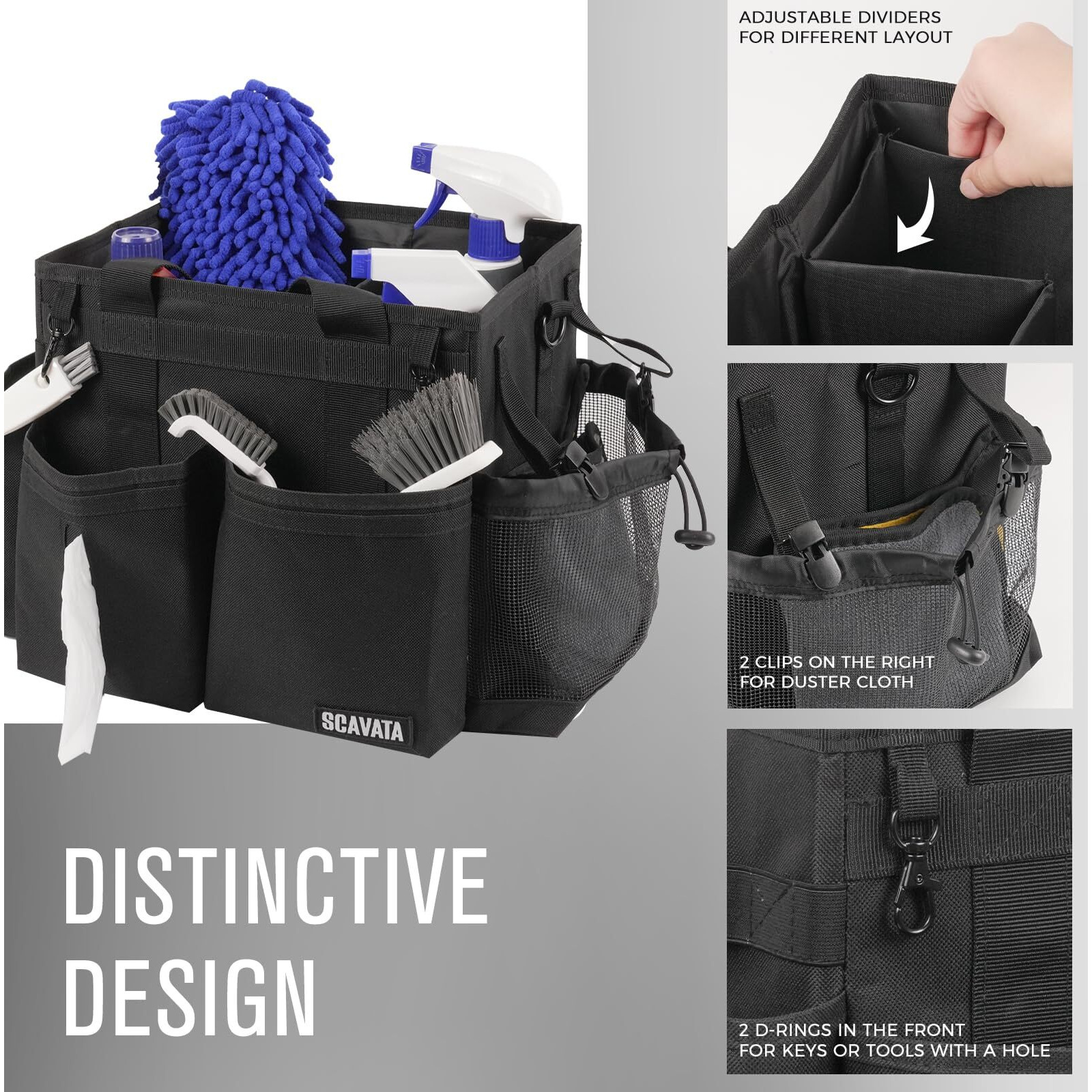 Scavata Compact Wearable Cleaning Caddy  Small Supplies Organizer With Handle & Shoulder Straps For Housekeepers  Under Sink & Car Cleaning Tool Organizer Bag (Black)
