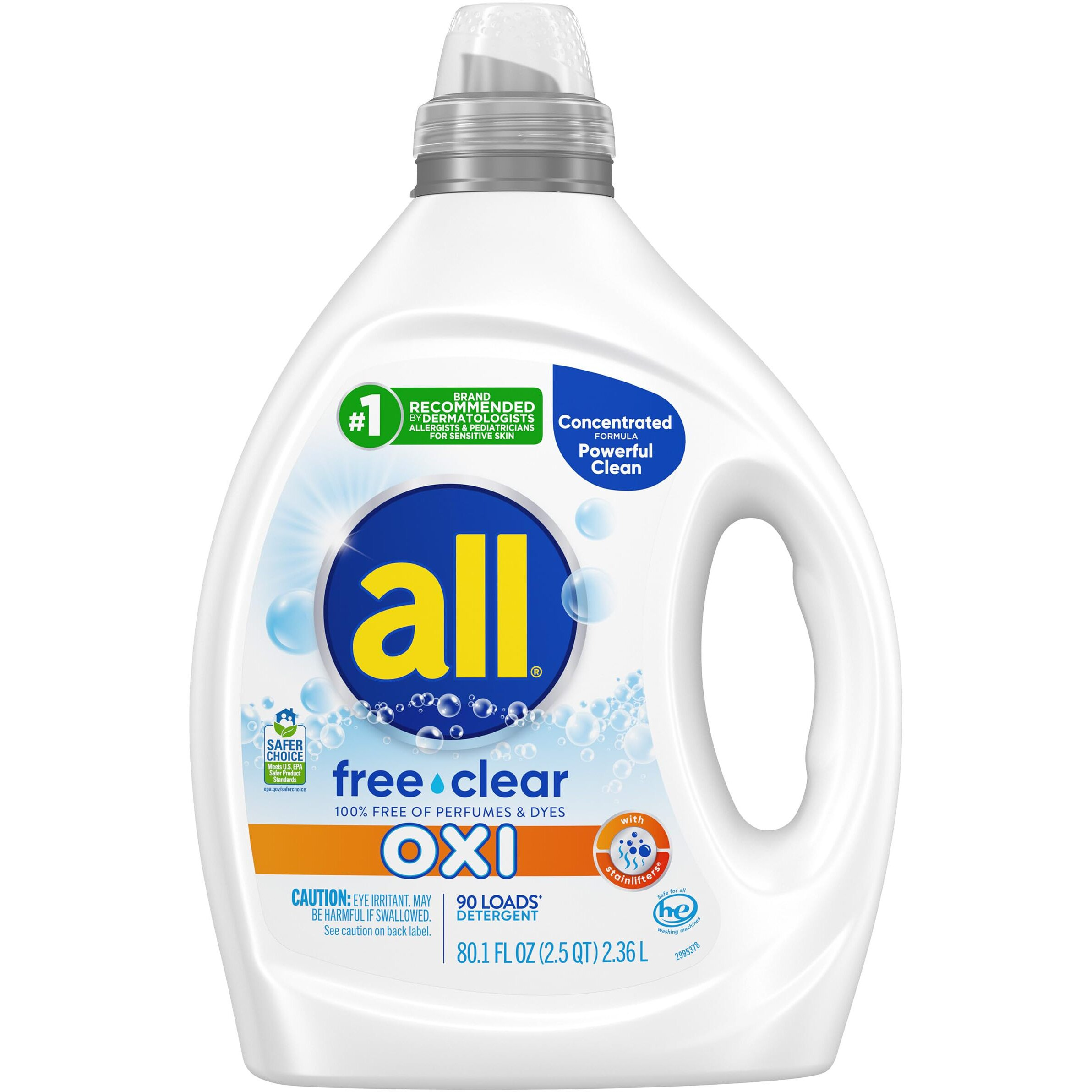 All Liquid Laundry Detergent  Free Clear For Sensitive Skin With Oxi  Unscented And Hypoallergenic  2X Concentrated  90 Loads
