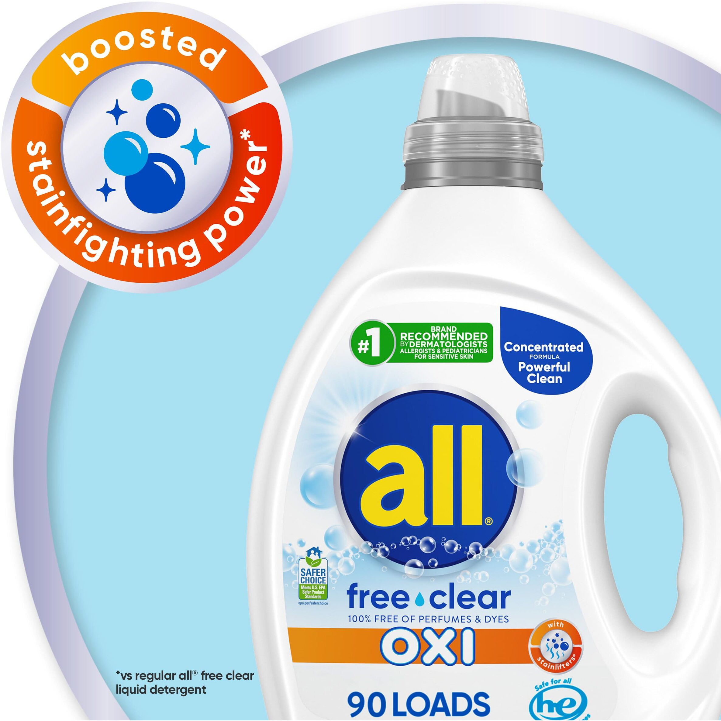 All Liquid Laundry Detergent  Free Clear For Sensitive Skin With Oxi  Unscented And Hypoallergenic  2X Concentrated  90 Loads