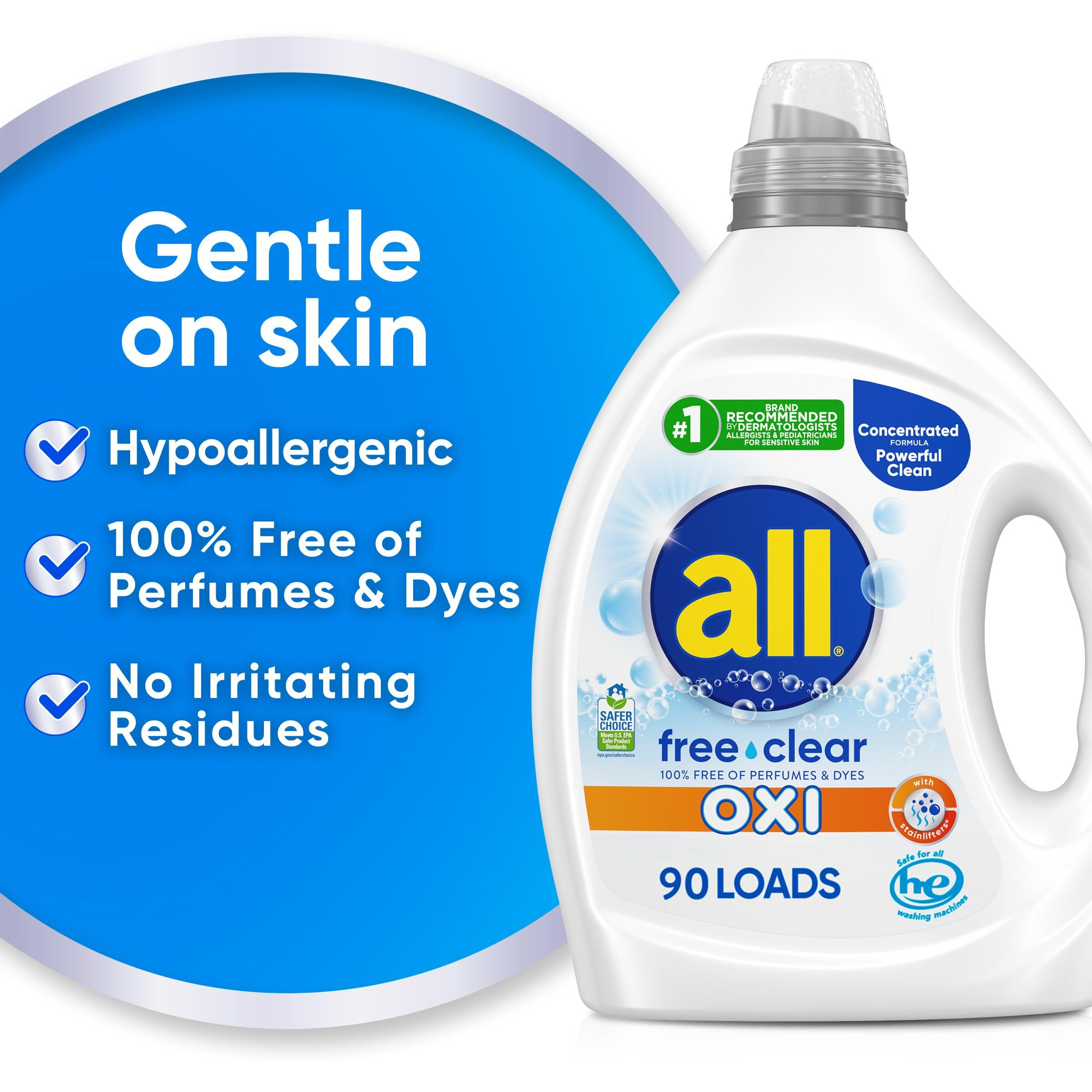 All Liquid Laundry Detergent  Free Clear For Sensitive Skin With Oxi  Unscented And Hypoallergenic  2X Concentrated  90 Loads