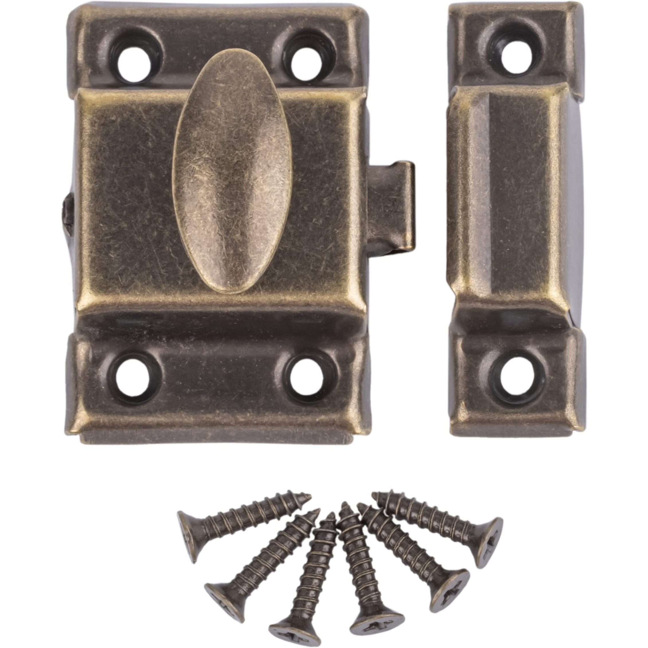 Small Stamped Antique Brass Cabinet Door Latch - 1 7/8""  1 7/8"" - Pack Of 4 - Spring Loaded Cupboard Door Latch With Oval Turn - Vintage Cabinet Hardware | Ua-141-Lab (4)