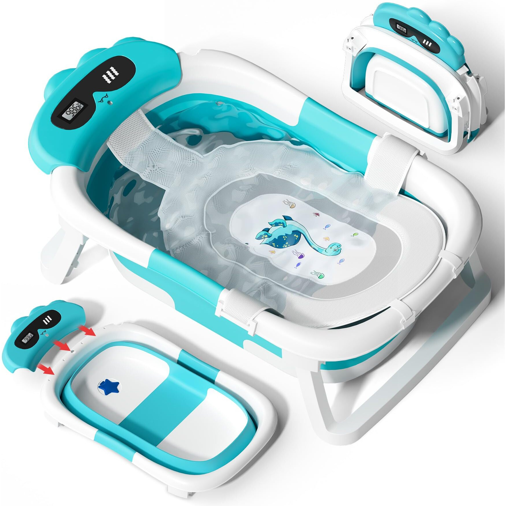 Avidor Baby Bathtub Collapsible Bathtub For Newborn To Toddler Durable Essential Infant Bath Tub Portable Travel Baby Tub With Soft Bath Net No-Slip Feet And Dinosaur Shaped (Light Blue)