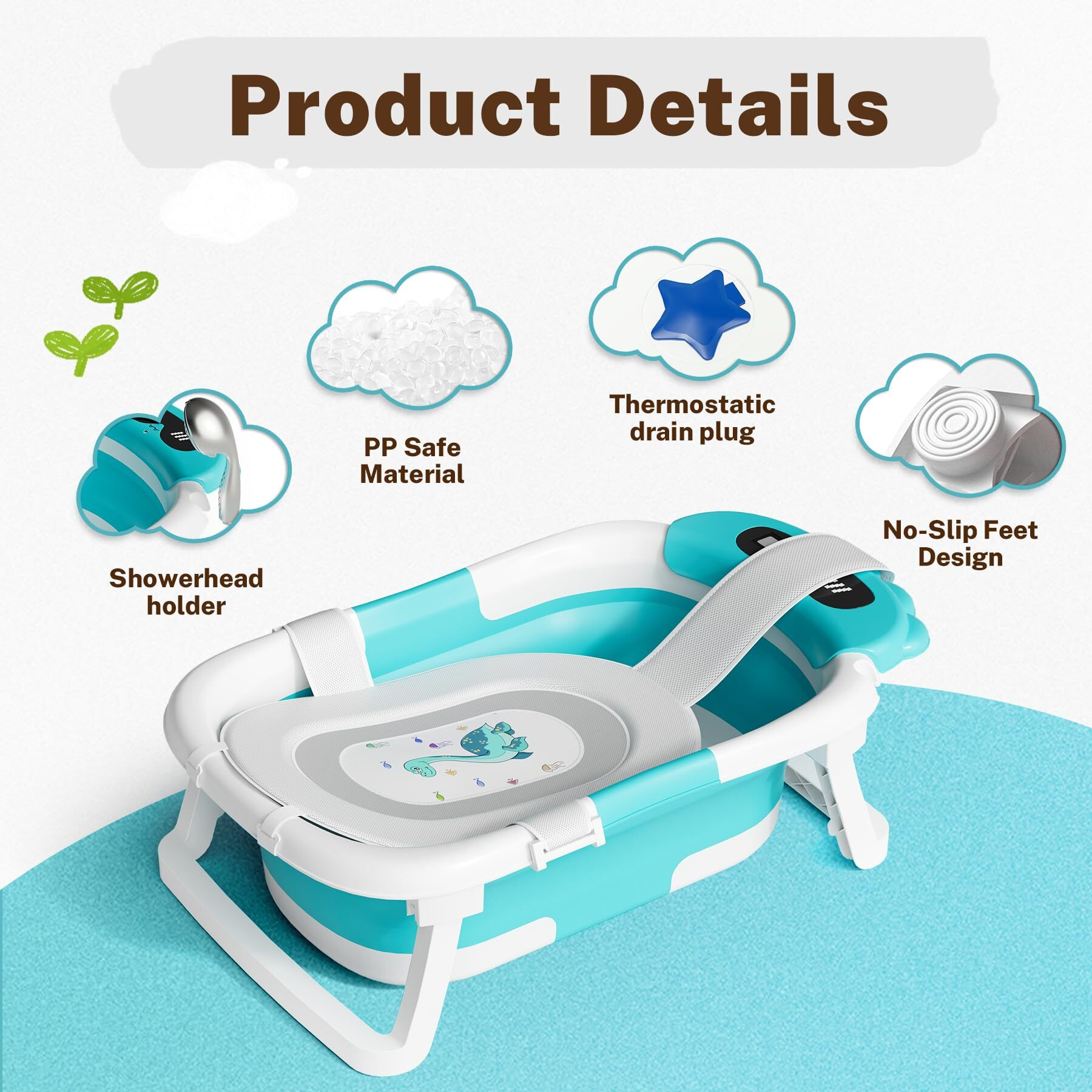 Avidor Baby Bathtub Collapsible Bathtub For Newborn To Toddler Durable Essential Infant Bath Tub Portable Travel Baby Tub With Soft Bath Net No-Slip Feet And Dinosaur Shaped (Light Blue)