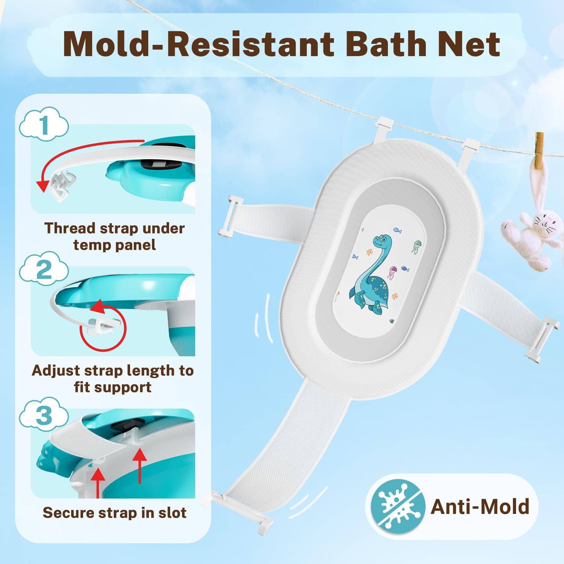 Avidor Baby Bathtub Collapsible Bathtub For Newborn To Toddler Durable Essential Infant Bath Tub Portable Travel Baby Tub With Soft Bath Net No-Slip Feet And Dinosaur Shaped (Light Blue)