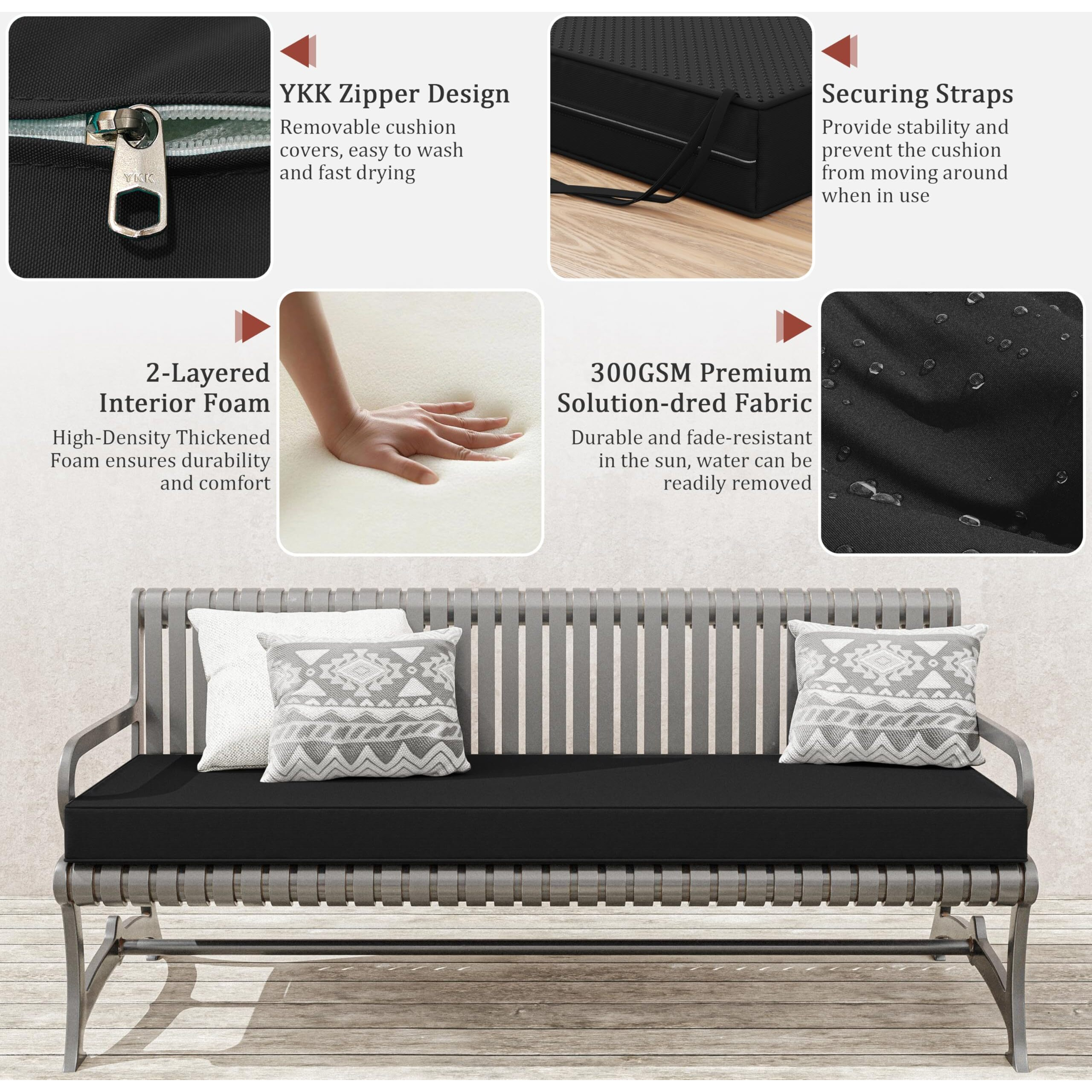 Tounosnt Outdoor Bench Cushion 60 X 18 X 3.5 Inch Thick Waterproof Patio Furniture Cushions  Patio Porch Swing Replacement Seat Pad With Tie Straps And Anti-Slip  For Backyard Garden  Black