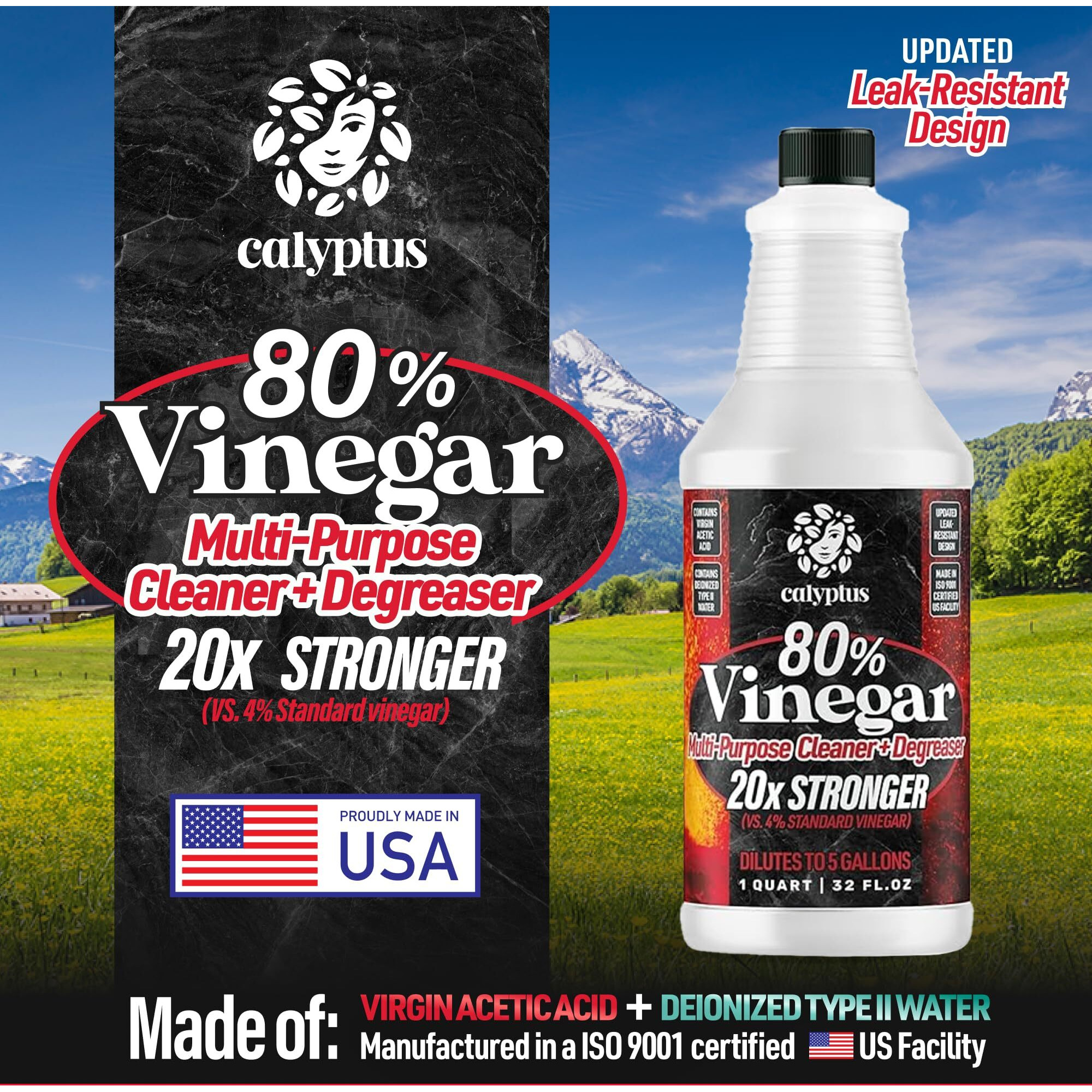 Calyptus 80% Pure Concentrated Vinegar | Ultra-Performance (20X) Power | Technical Grade | Dilutes Easily To 5% Acidity (1 Cup Per Gallon) | Home And Outdoor Cleaning Concentrate | 2 Quart