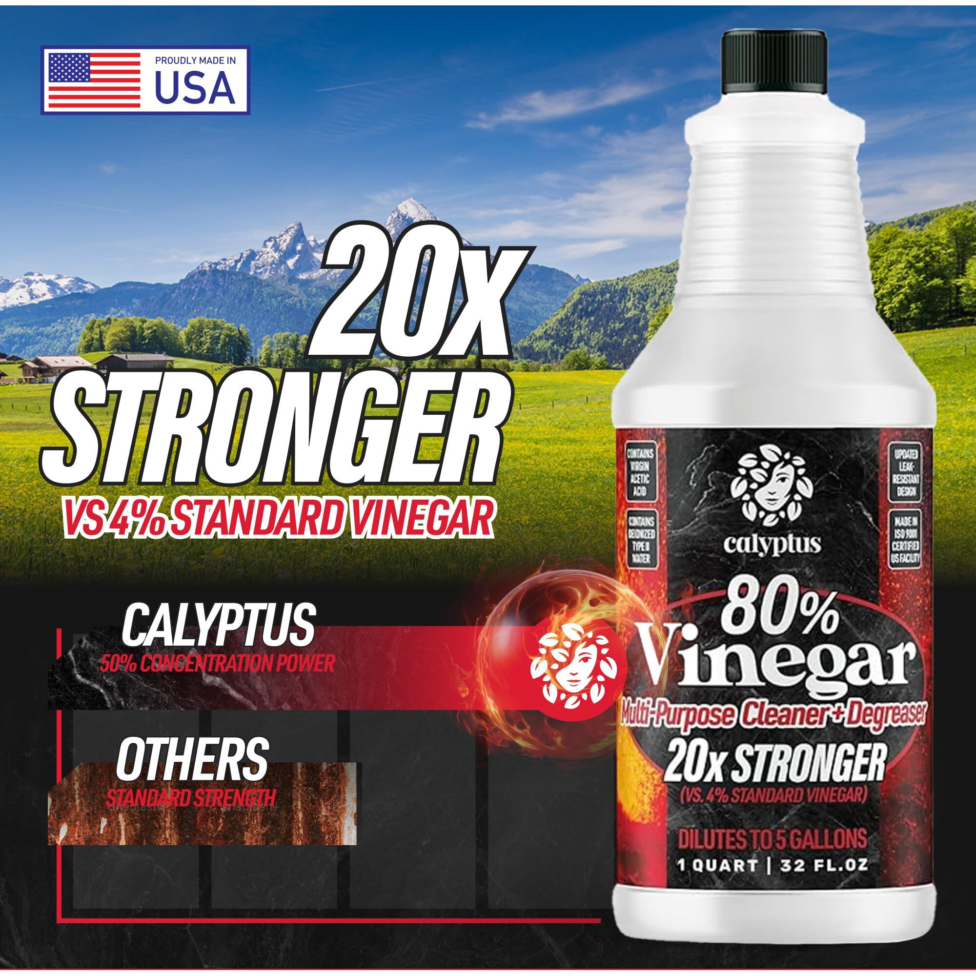 Calyptus 80% Pure Concentrated Vinegar | Ultra-Performance (20X) Power | Technical Grade | Dilutes Easily To 5% Acidity (1 Cup Per Gallon) | Home And Outdoor Cleaning Concentrate | 2 Quart