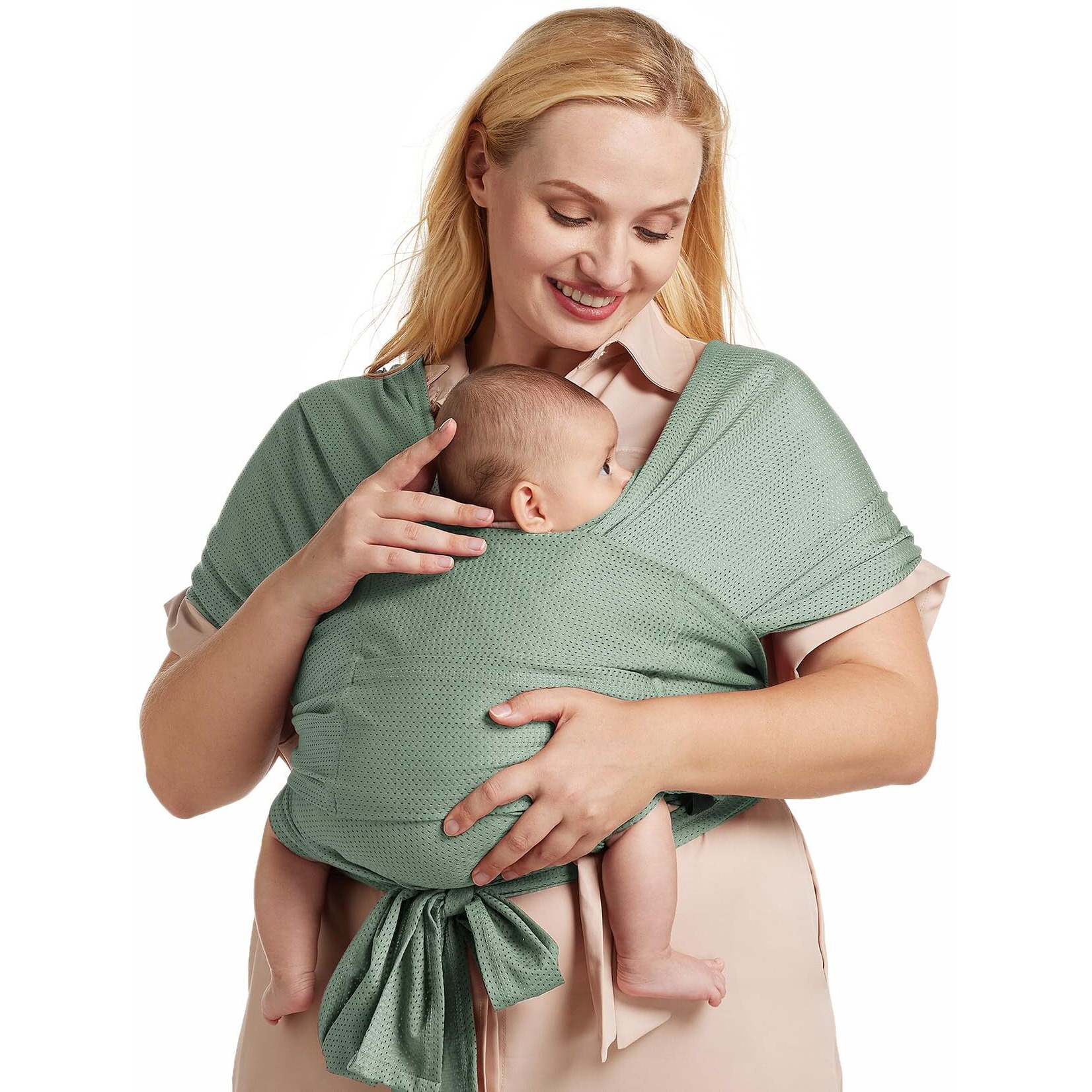 Momcozy Adjustable Buckle Baby Wrap Carrier Cooling Air-Mesh  Easy To Wear Baby Carrier Sling  Baby Carriers Newborn To Toddler 8-35Lbs  Suit For Waist 47-57Inch Plus Size Grey Green