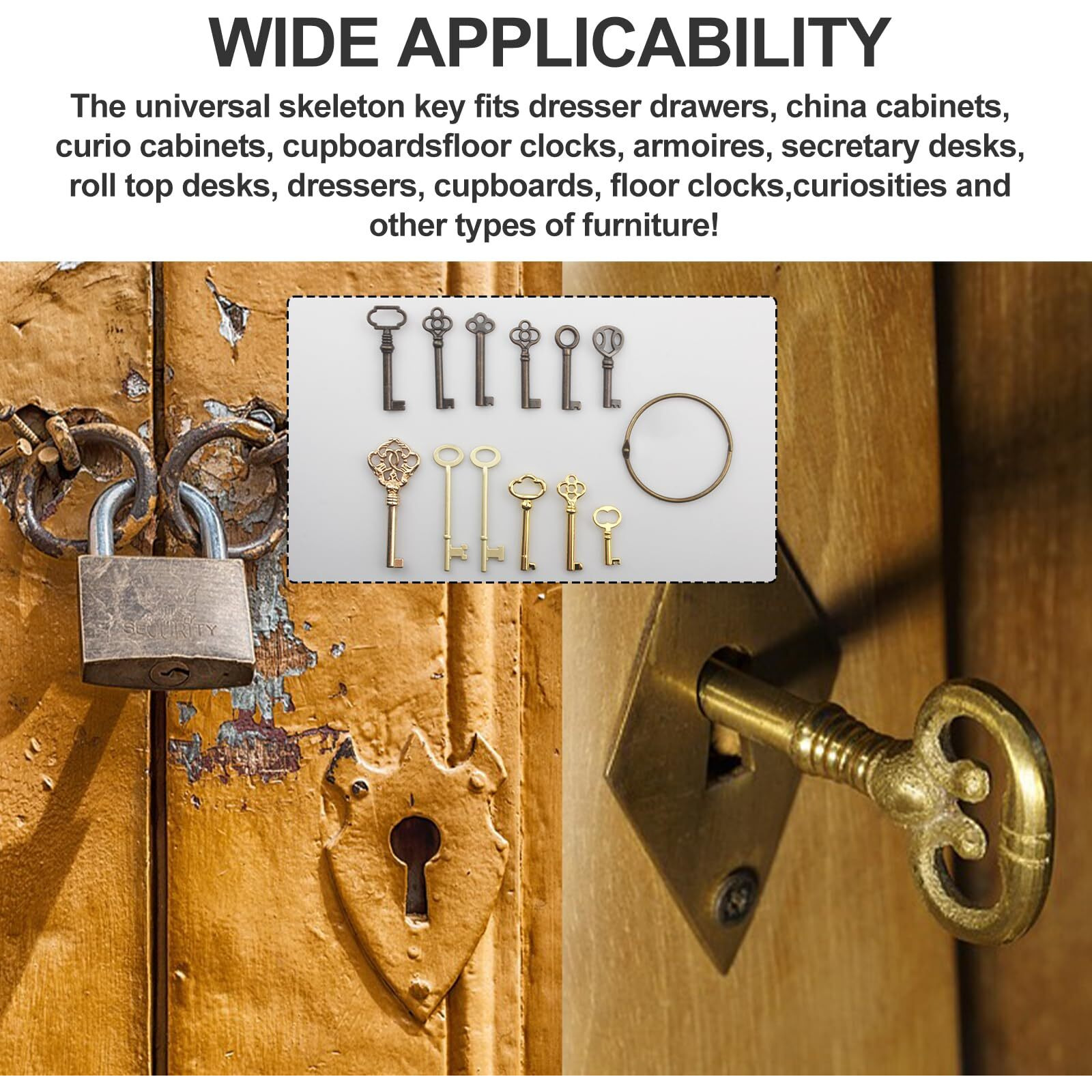 Skeleton Key Set Universal Skeleton Replacement Keys  Vintage Keys Kit For Antique Dresser  Chinese Cabinet  Antique Furniture And Old Style Cabinets Or Doors (12 Pcs)