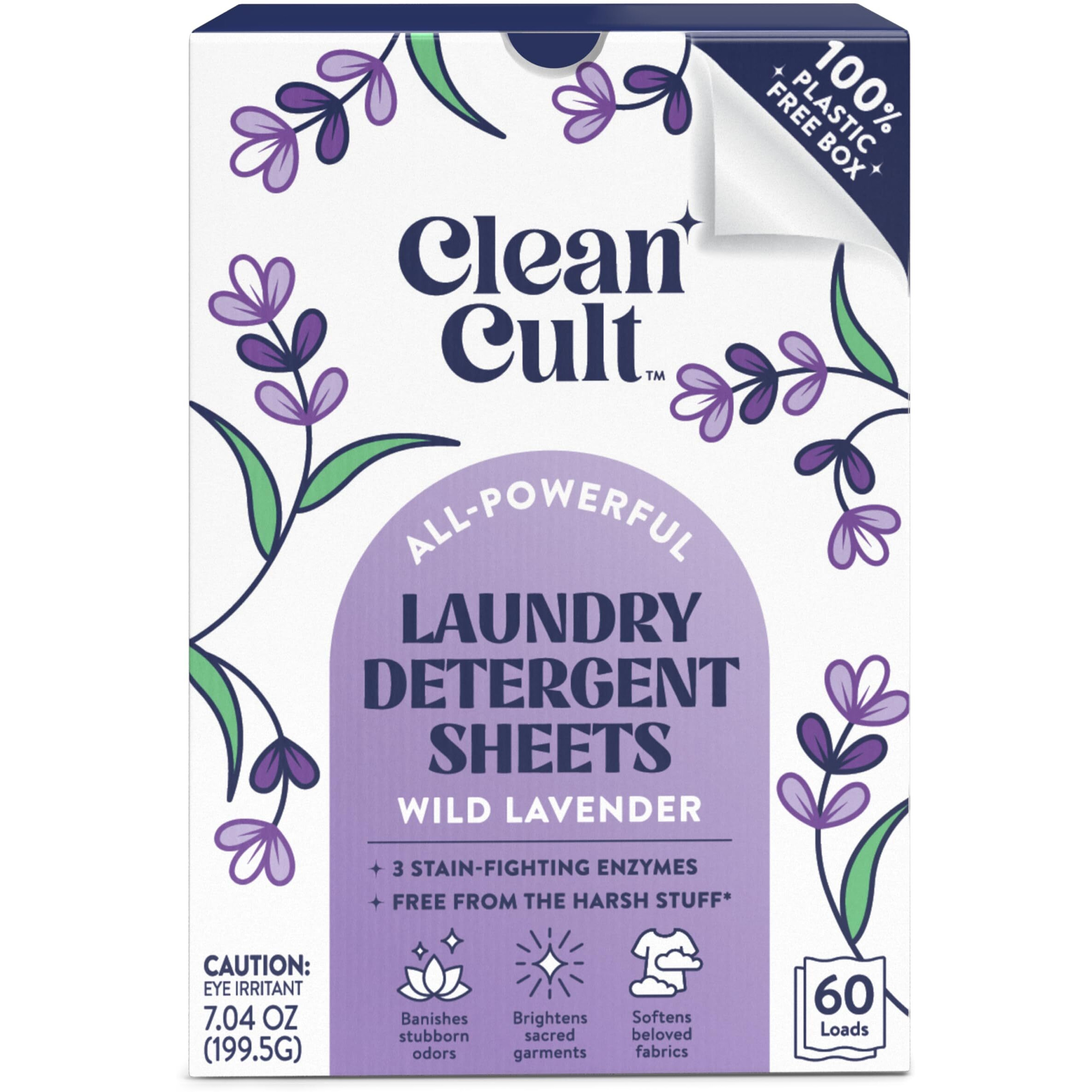 Cleancult Laundry Detergent Sheets - Resealable Box - 3 Stain Fighting Enzymes - Wild Lavender - 60 Loads - Free Of Harsh Chemicals - No Mess - No Plastic Waste