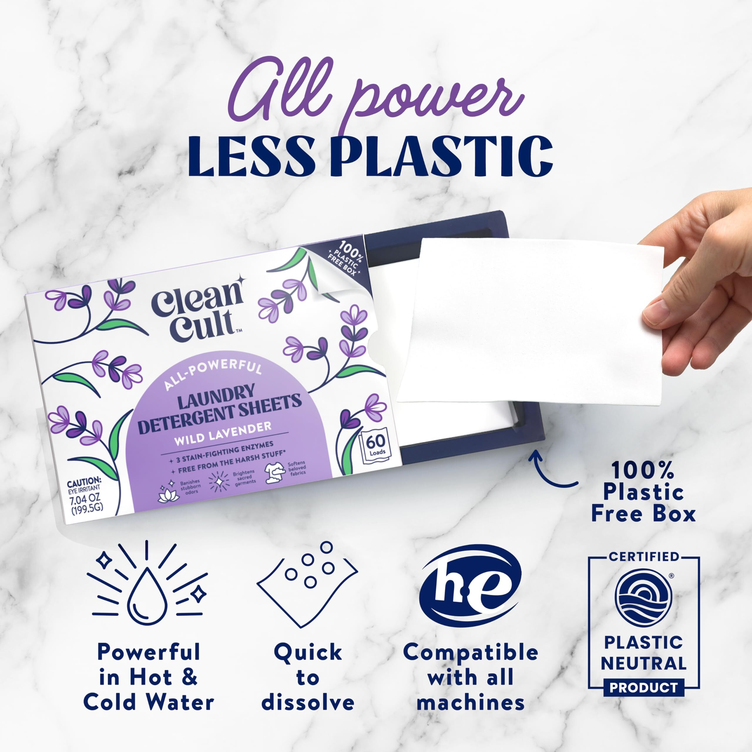 Cleancult Laundry Detergent Sheets - Resealable Box - 3 Stain Fighting Enzymes - Wild Lavender - 60 Loads - Free Of Harsh Chemicals - No Mess - No Plastic Waste