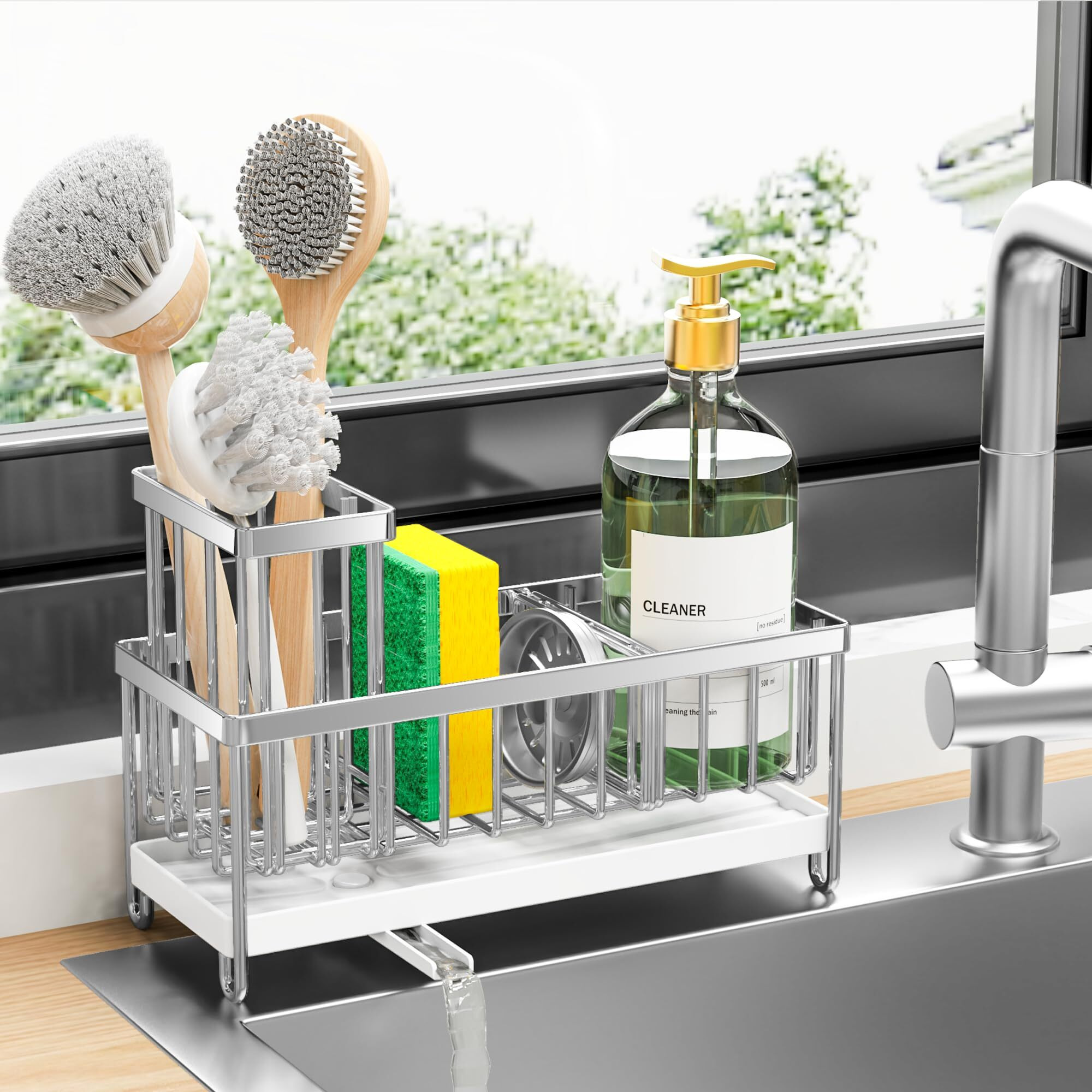 Cisily Sponge Holder For Kitchen Sink  Stainless Steel Silver Sink Caddy With High Brush Holder  Organzier Rustproof Dish Organizer  Soap Dispenser Storage  Kitchen Accessories For Organization