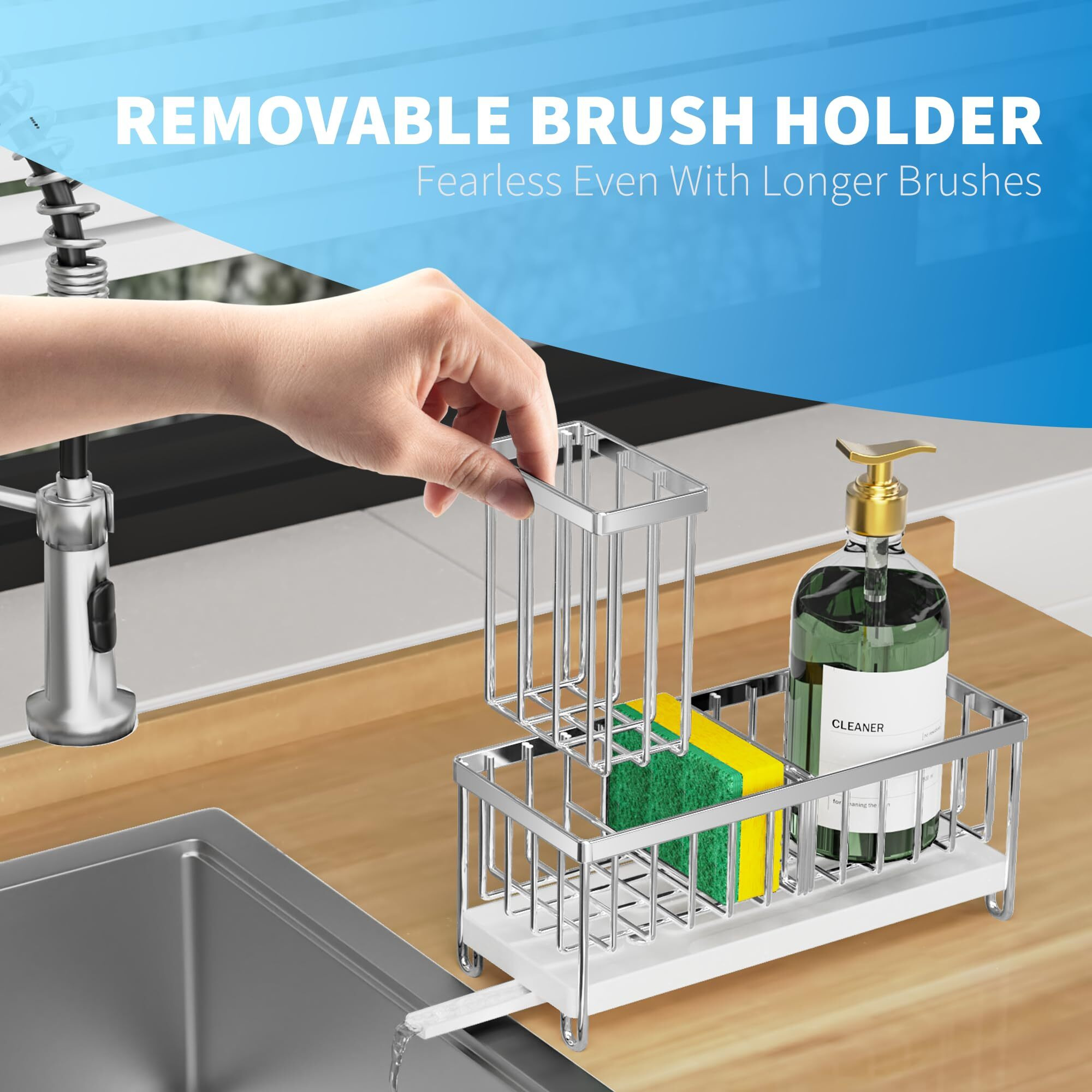 Cisily Sponge Holder For Kitchen Sink  Stainless Steel Silver Sink Caddy With High Brush Holder  Organzier Rustproof Dish Organizer  Soap Dispenser Storage  Kitchen Accessories For Organization