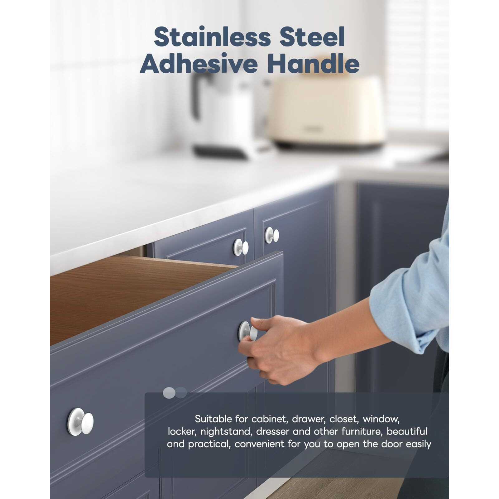 Anobeyi 10 Pack Self Adhesive Cabinet Knobs  No Drilling Self Stick Drawer Knob  Stick-On Kitchen Cabinet Stainless Steel Handle Pull For Window  Wardrobe  Dresser  Cupboard  Closet (10  White)