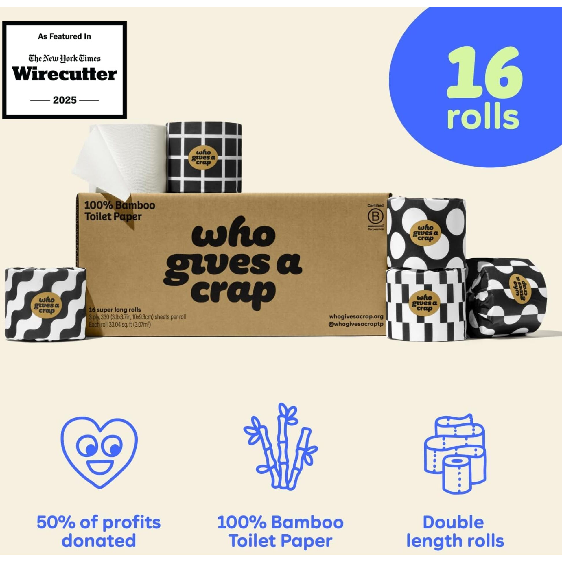 Who Gives A Crap 100% Bamboo Toilet Paper  16 Rolls  3 Ply  330 Sheets  Long  Strong & Soft Toilet Tissue  Sustainable  Biodegradable  Renewable  Tree Free Bathroom Tissue Made With Bamboo Fibers