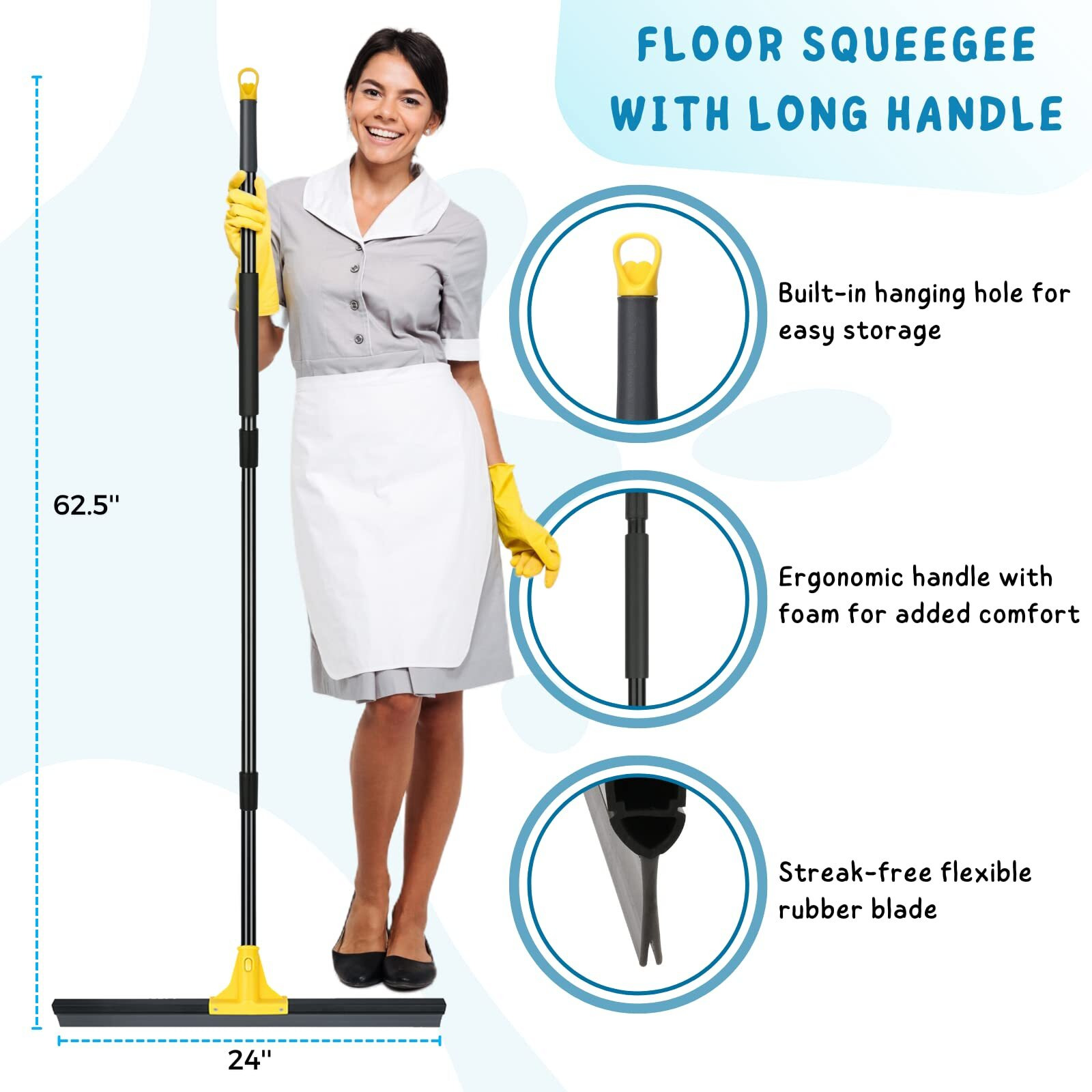 Floor Squeegee For Concrete And Tile Cleaning  24'' Rubber Wiper Broom  Large Heavy Duty Water Scraper With 60'' Long Handle For Garage  Deck  Bathroom  Shower Glass  Window