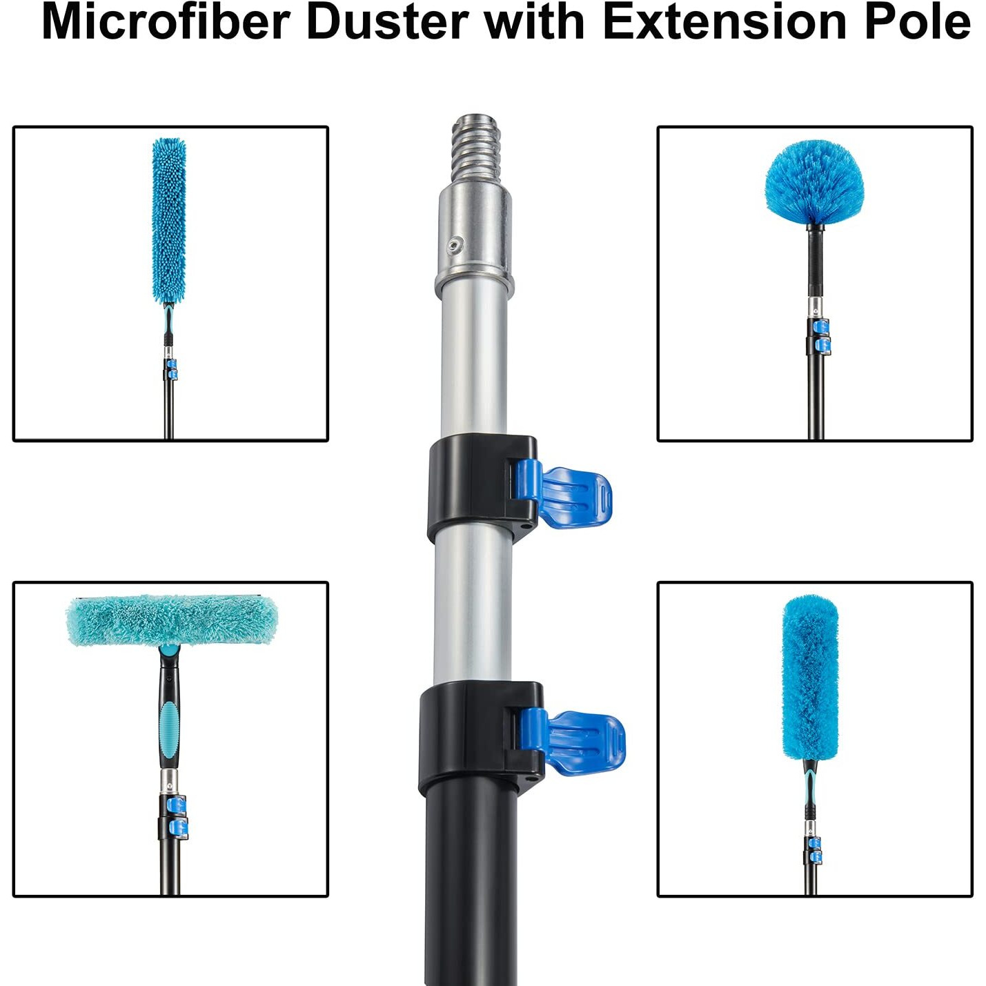 Hicavar 30 Foot High Ceiling Fan Duster With 6-18 Foot Extension Pole  Extendable Reusable Cobweb  Feather  Window Cleaning Squeegee Kit Blue