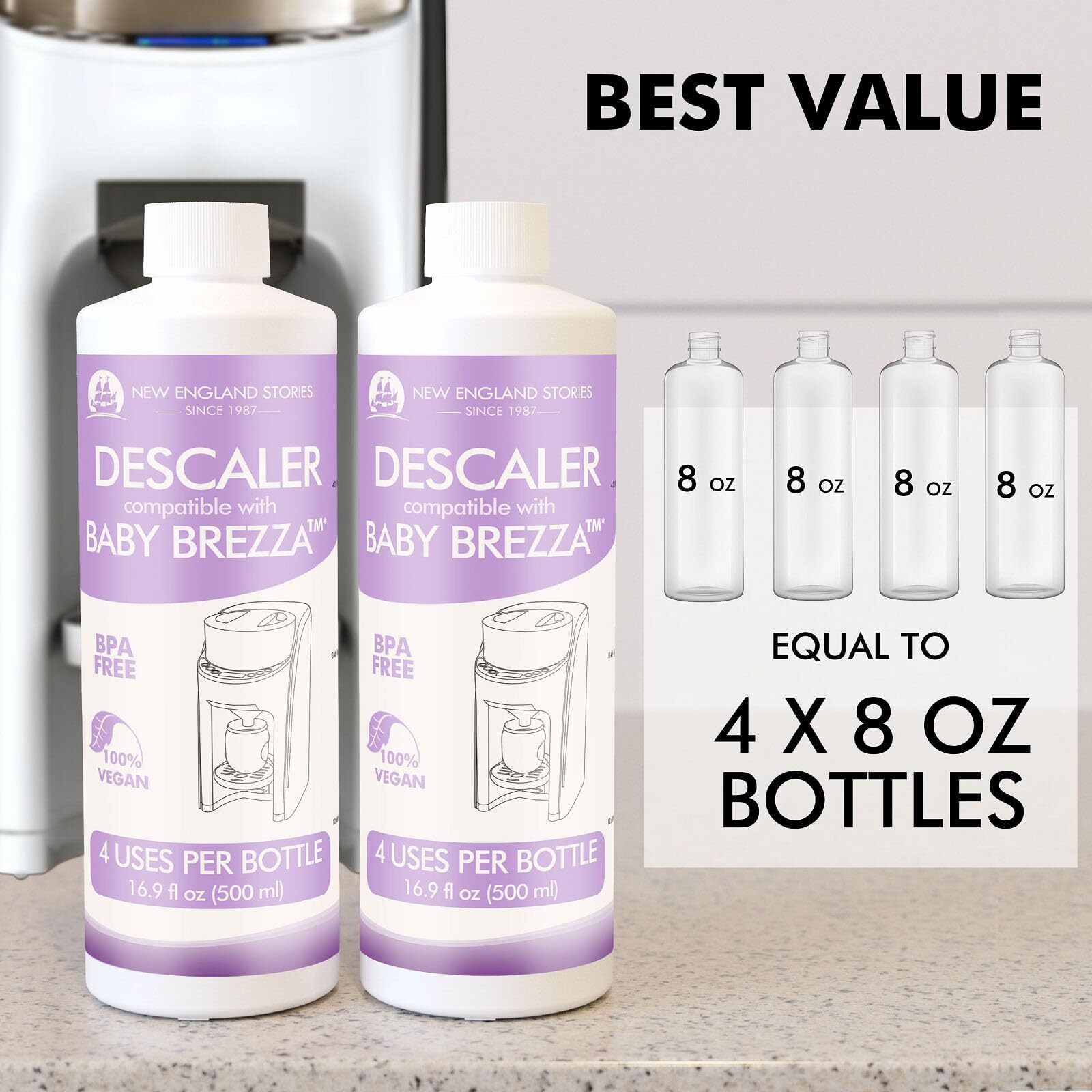 New England Stories Baby Brezza Compatible Descaler 33.8 Fl Oz  Universal Cleaner Solution For Baby Brezza And Other Baby Appliances  Remove Build-Up Extends Machines Lifespan