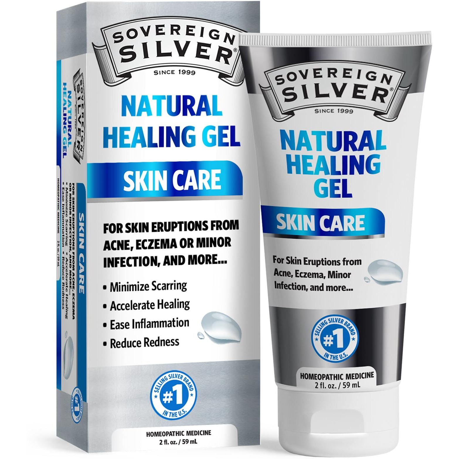 Sovereign Silver Natural Healing Gel - Skin Care For Healing  Redness Reduction  Minimizing Acne Scars & Easing Inflammation - 2Oz