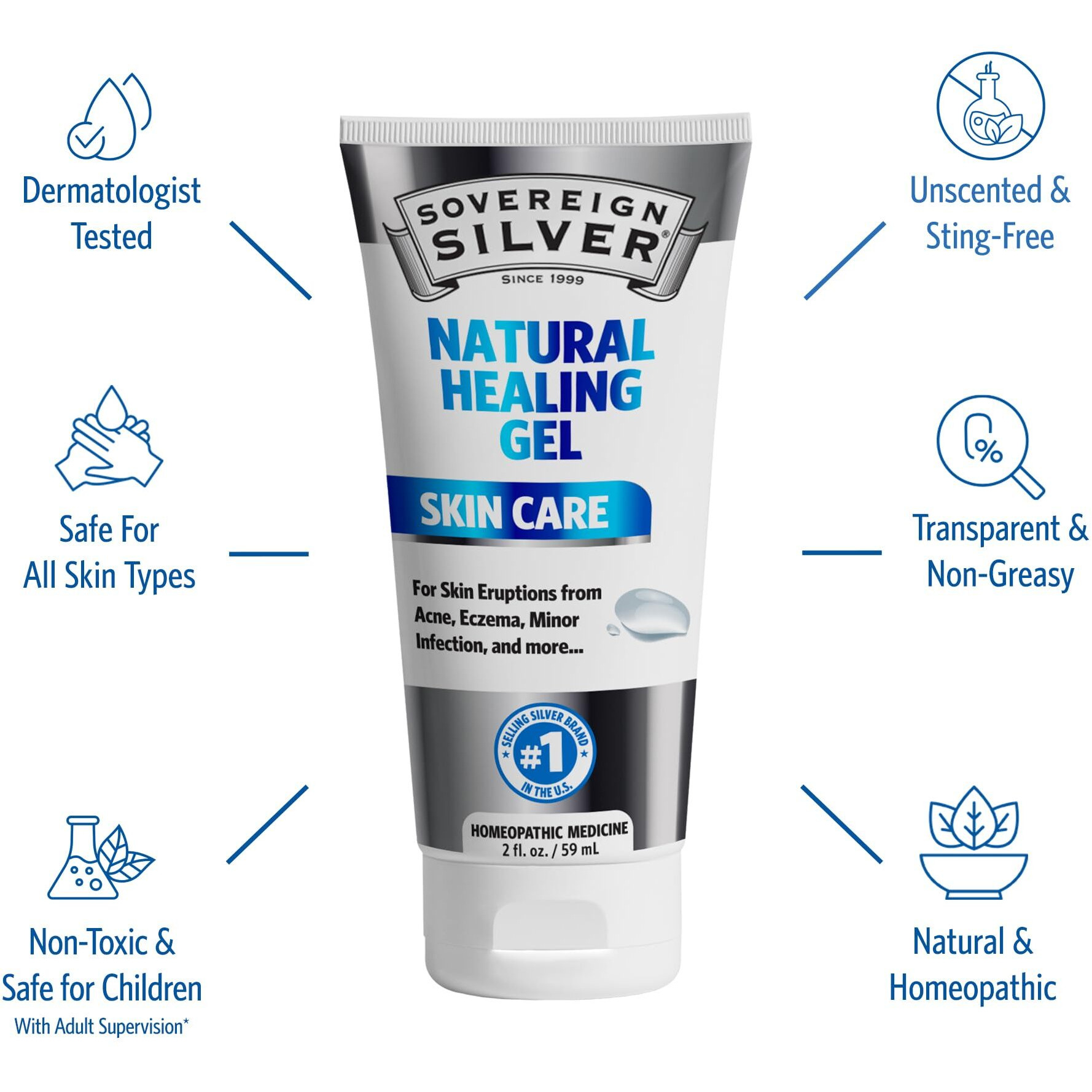 Sovereign Silver Natural Healing Gel - Skin Care For Healing  Redness Reduction  Minimizing Acne Scars & Easing Inflammation - 2Oz