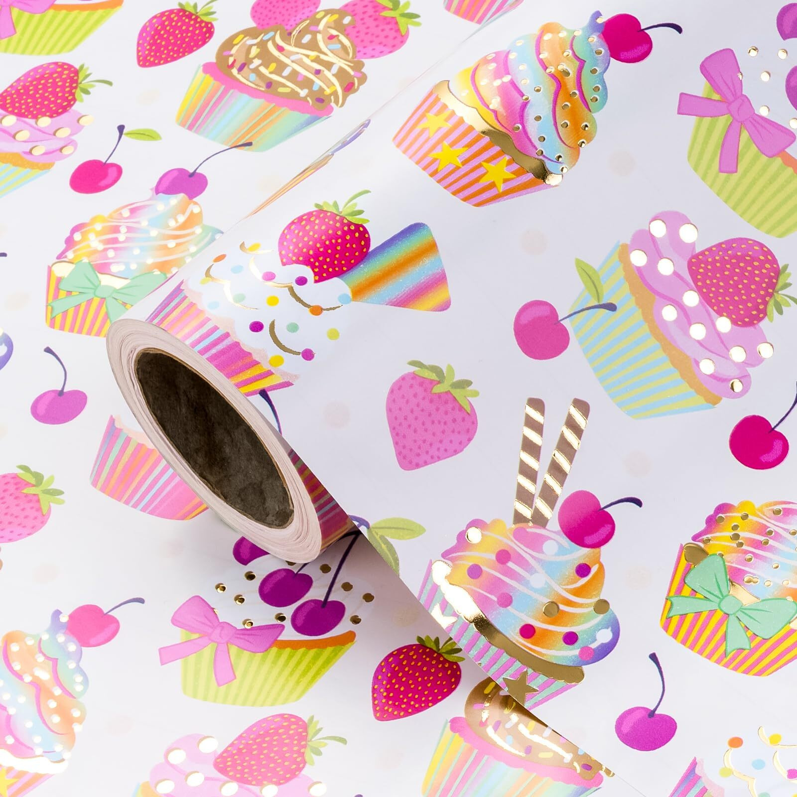 Wrapaholic Foil Wrapping Paper - Mini Roll - 17 Inch X 16.5 Feet - Gold Foil Birthday Cupcakes Design For Kids  Baby Showers  Weddings